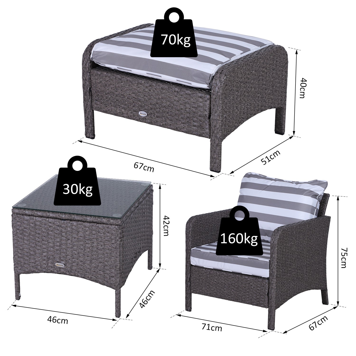 Outsunny 5 Pieces PE Rattan Garden Furniture Set with 10cm Thick Padded Cushions, Wicker Weave Outdoor Seating Chairs with 2 Armchairs, 2 Stools, Glass Top Table, Dark Grey - North Peak Garden Furniture