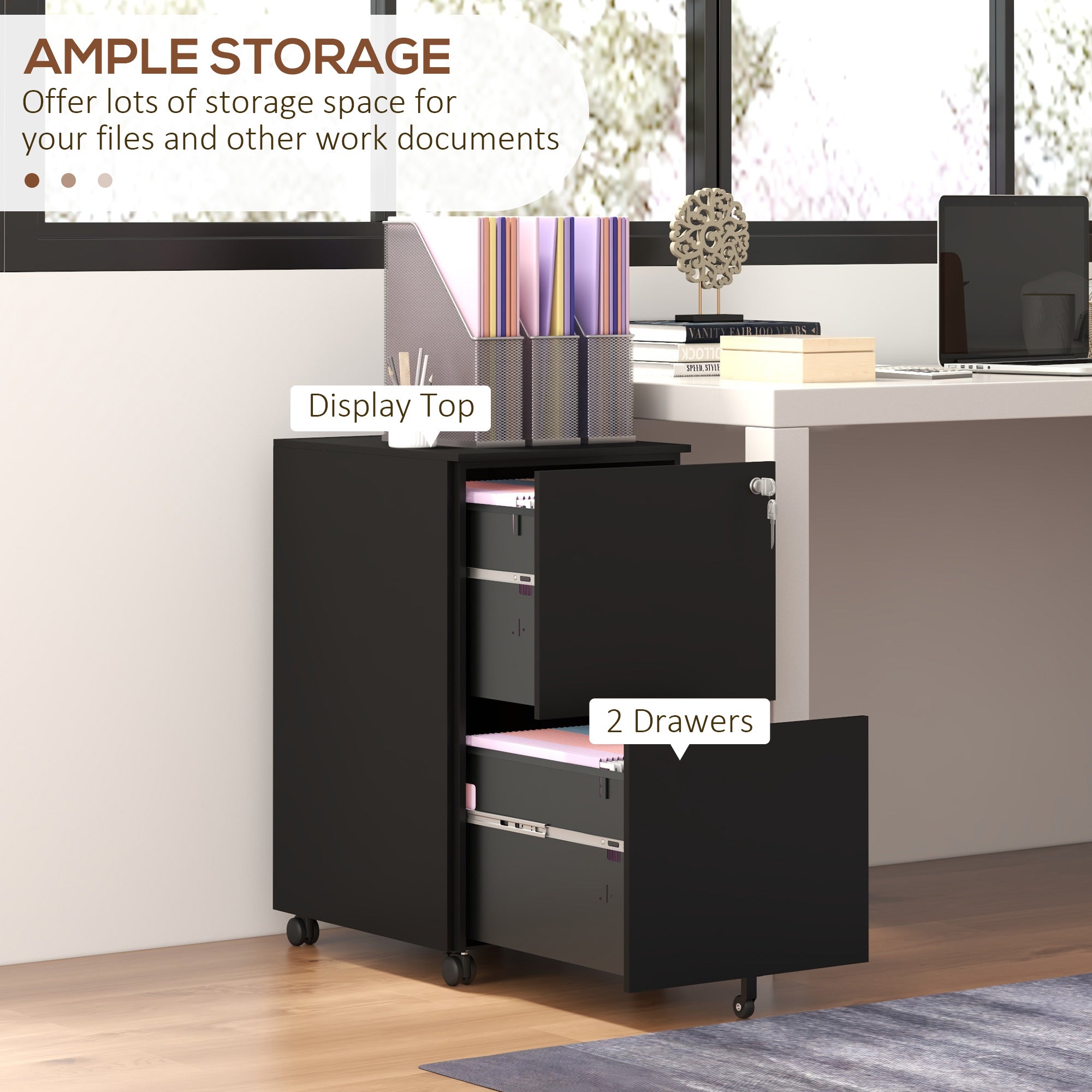 Vinsetto 2-Drawer Vertical Filing Cabinet with Lock and 5 Wheels, Steel Mobile File Cabinet, for A4, Legal and Letter Size, Pre-Assembled Body, Black - North Peak Garden Furniture