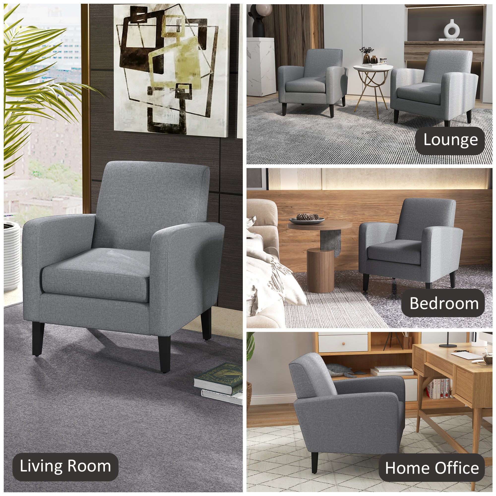 HOMCOM Modern Accent Chair, Occasional Chair with Rubber Wood Legs for Living Room, Bedroom, Grey - North Peak Garden Furniture