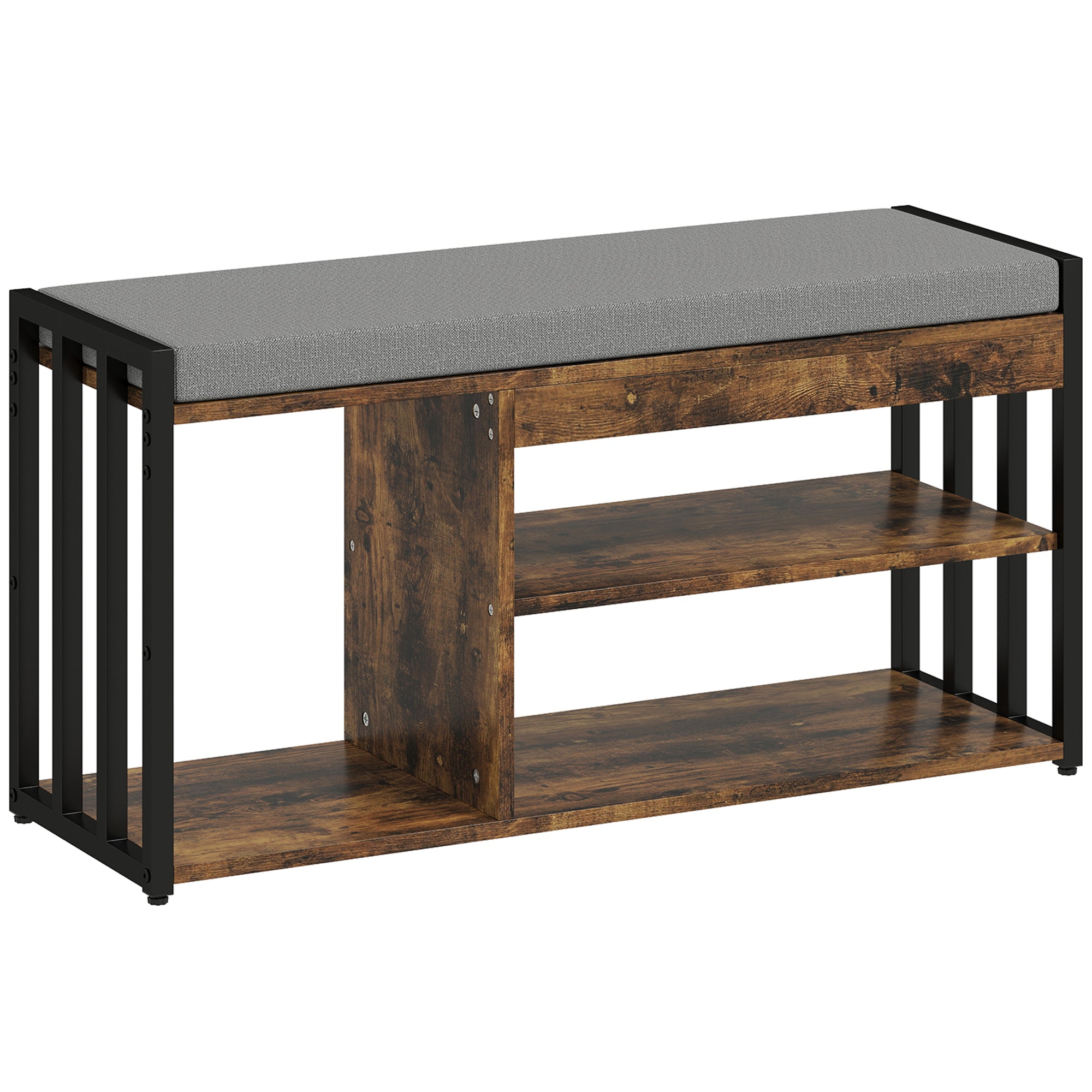 HOMCOM Shoe Storage with Seat, Upholstered Entryway Bench, Shoe Bench with 3 Open Shelves for Hallway, Rustic Brown