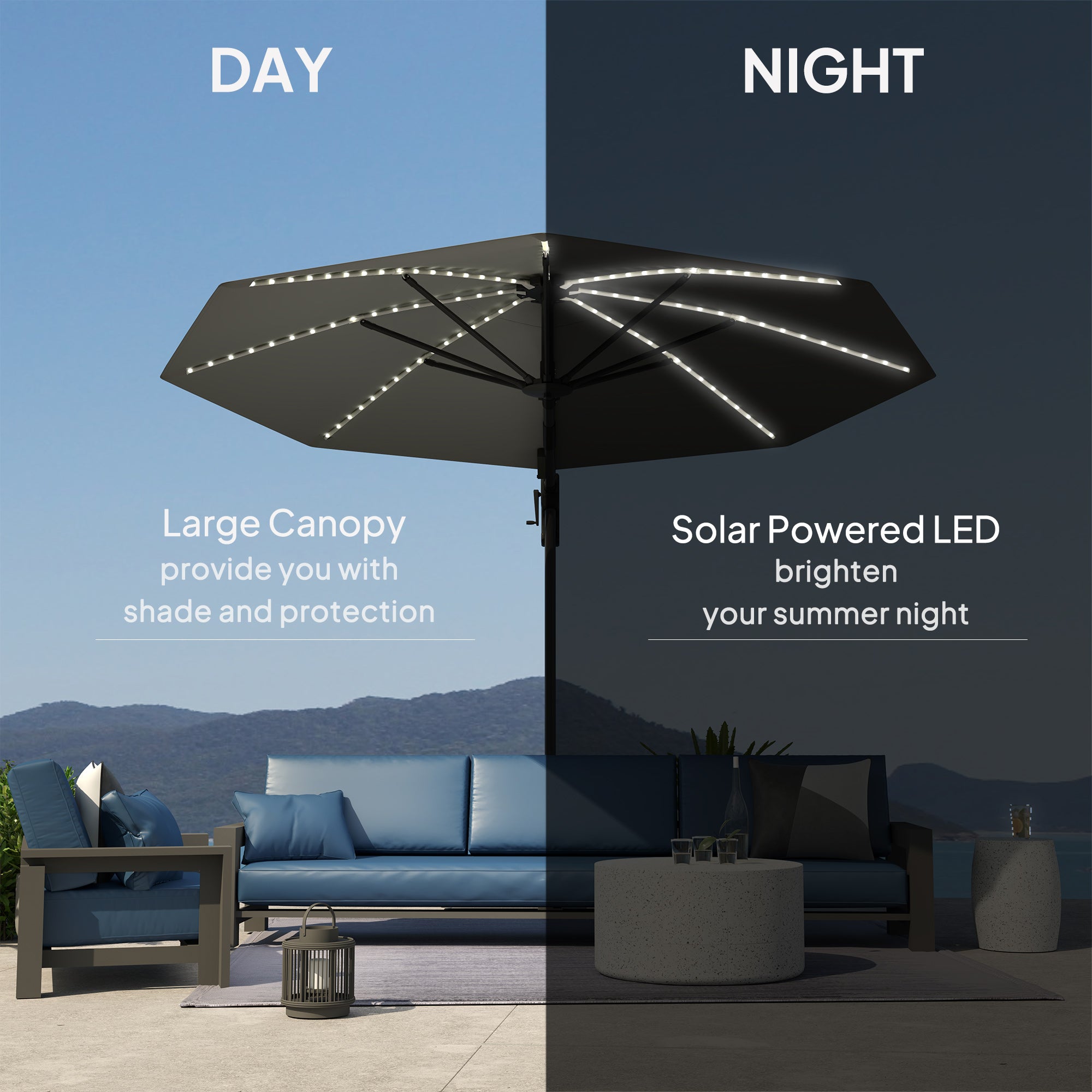 Outsunny 3(m) Cantilever Garden Parasol with Solar Powered Lights, Crank Handle & Cross Base, UPF 50+, 360° Rotation, Dark Grey - North Peak Garden Furniture