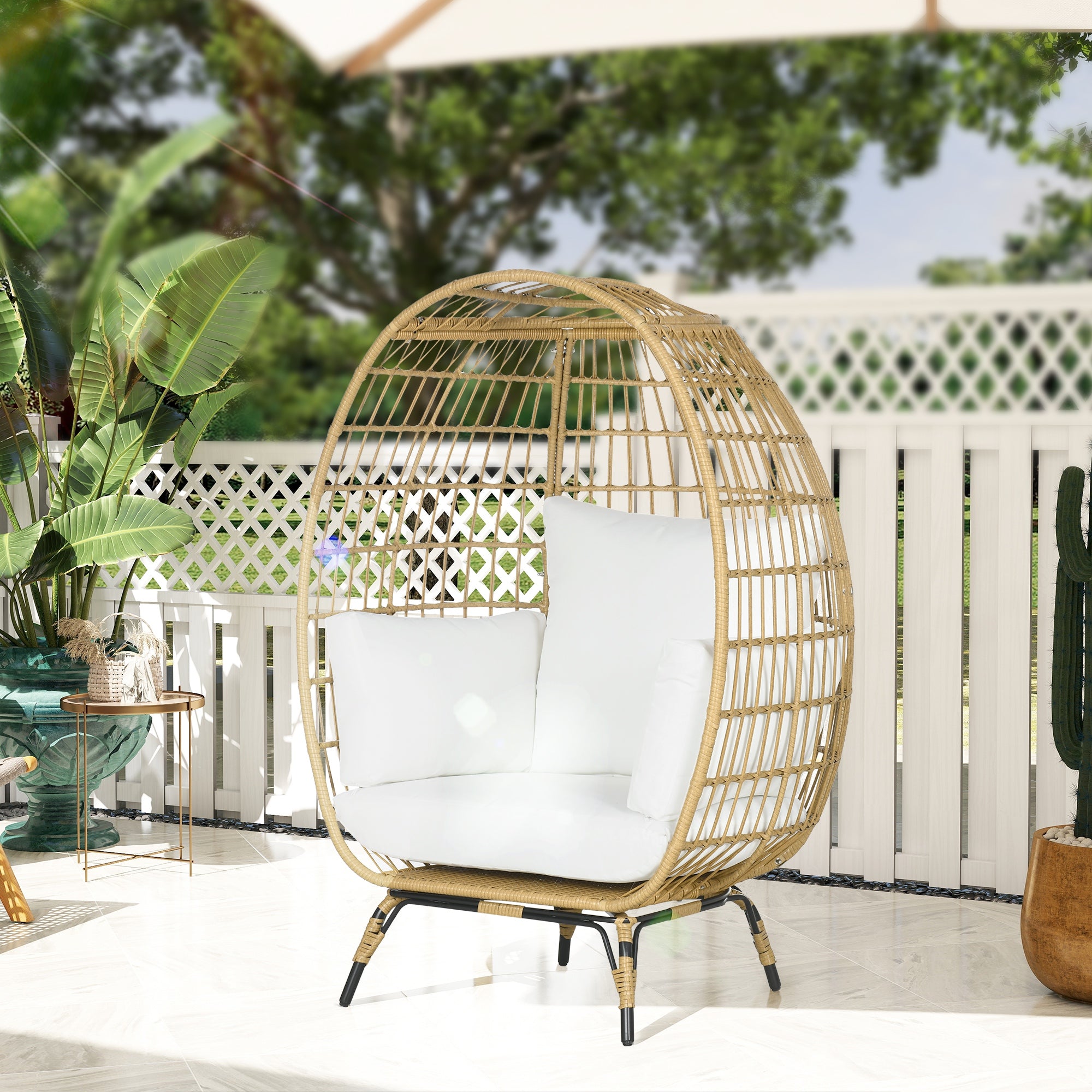 Outsunny PE Rattan Outdoor Egg Chair, Round Wicker Weave Teardrop Chair with Thick Padded Cushions for Sunroom, Garden, Khaki - North Peak Garden Furniture