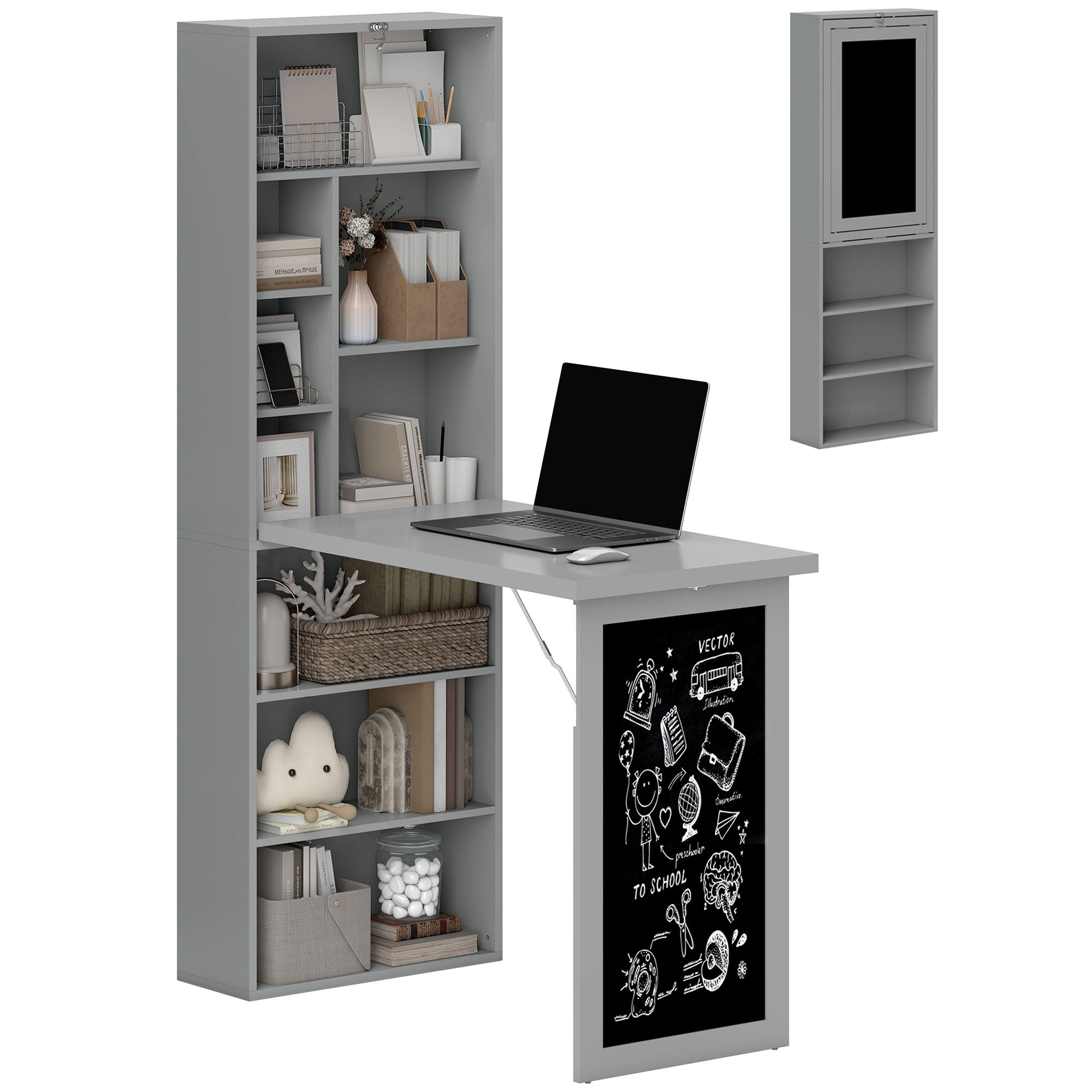 HOMCOM Folding Convertible Desk with Blackboard Multi-function Computer Office Workstation Side Shelf for Home Office, Grey