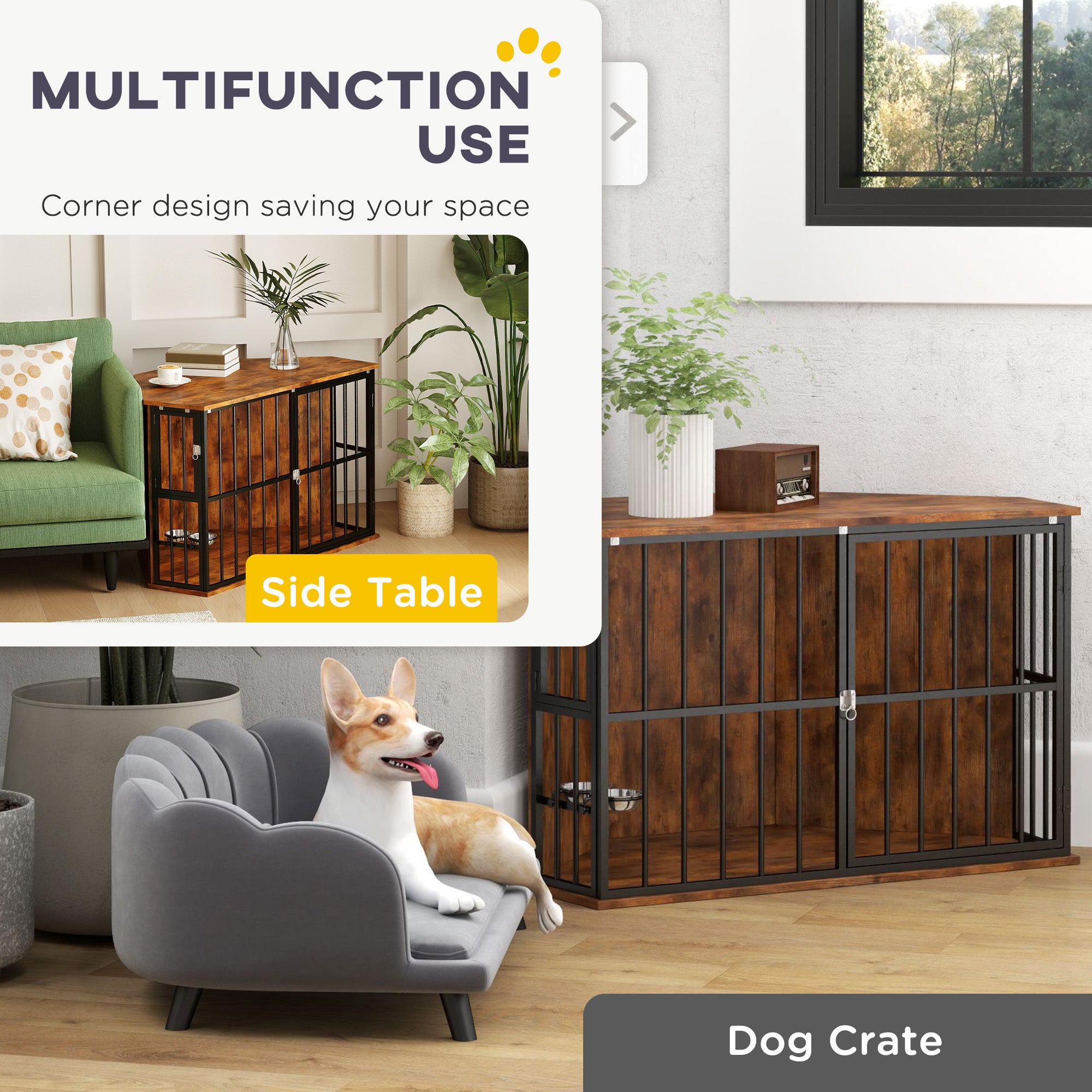 PawHut Corner Dog Crate Furniture with 2 Bowls, Lockable Doors, for Small Medium Dogs, Rustic Brown - North Peak Garden Furniture