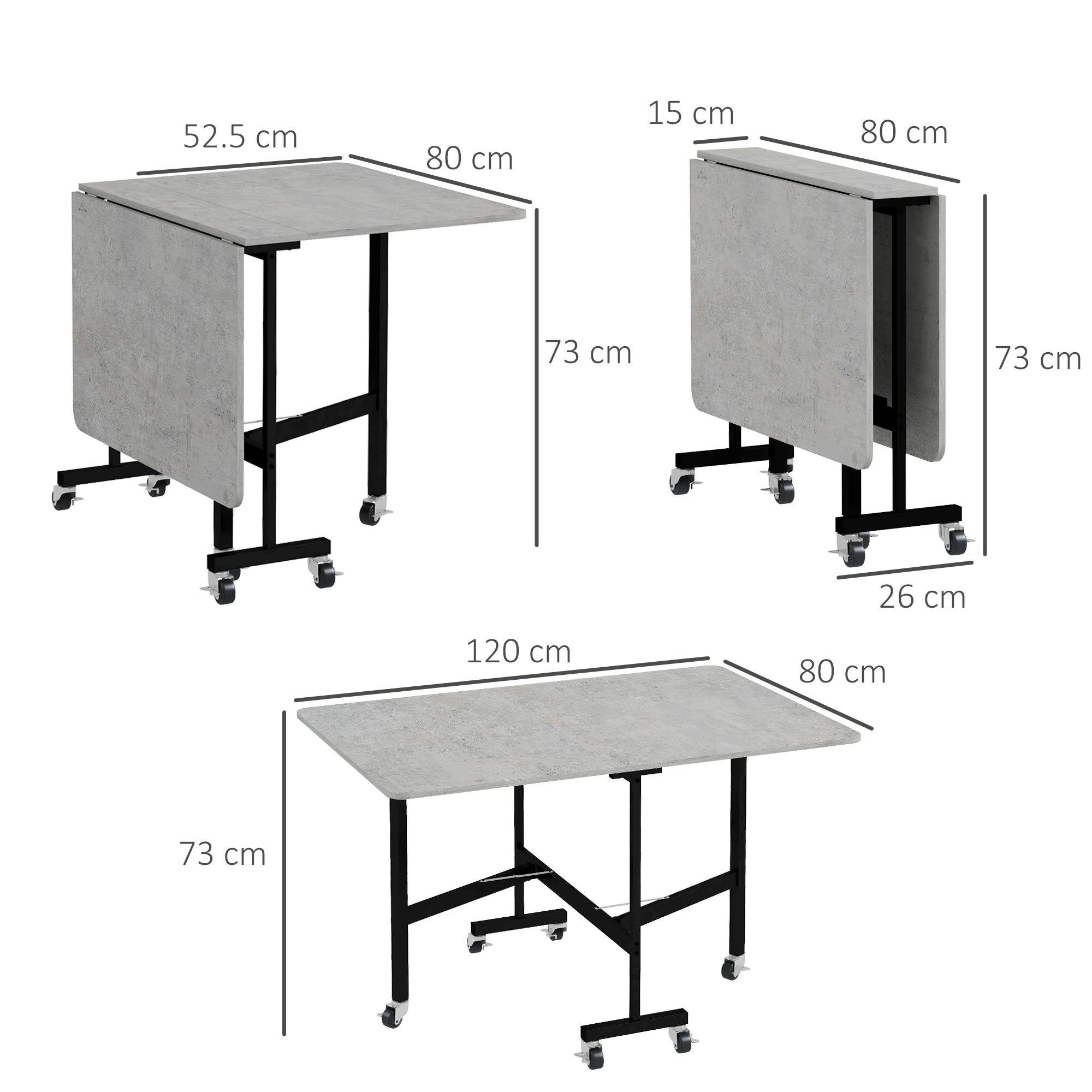 HOMCOM Drop Leaf Table, Folding Dining Table with Metal Frame, Rolling Kitchen Dining Table for Small Spaces, 120cm, Grey