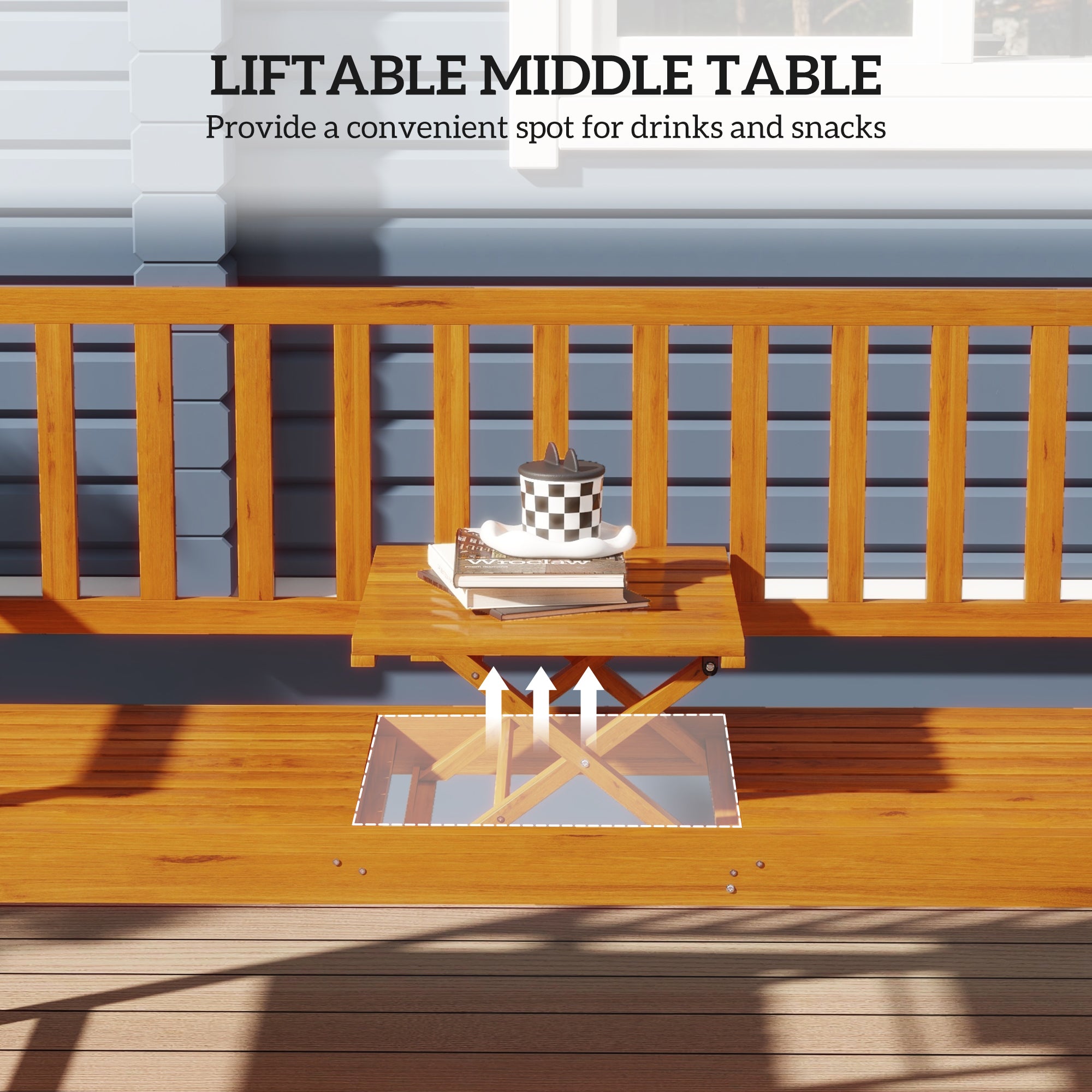 Outsunny Wooden Bench with Liftable Middle Table, Outdoor Bench, Patio Loveseat for Porch, Garden, Seats 2-3 People