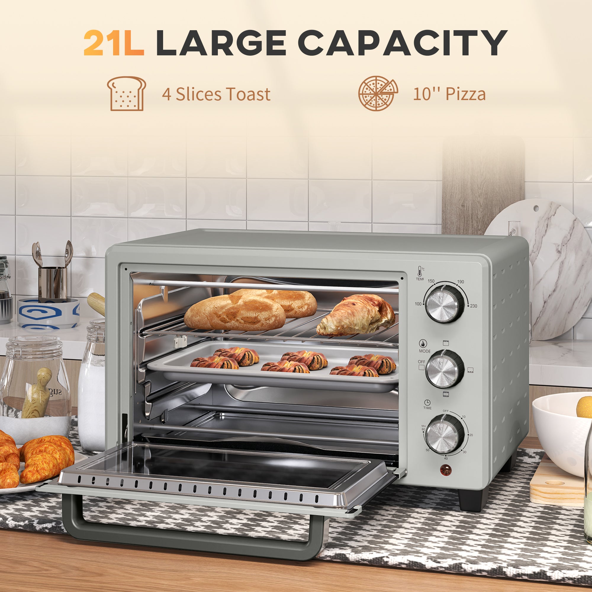 HOMCOM 21L Mini Countertop Oven, 100°C-230°C Adjustable Temp - Silver Tone - North Peak Garden Furniture