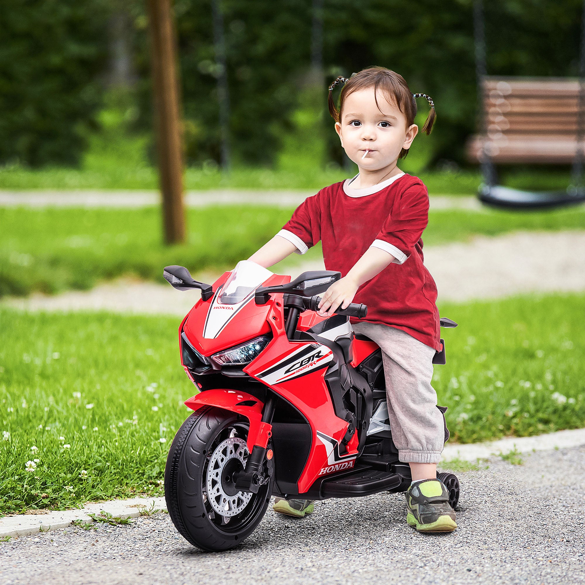 HOMCOM 6V Honda Licensed Kids Motorcycle w/ Music, Training Wheels - Red - North Peak Garden Furniture
