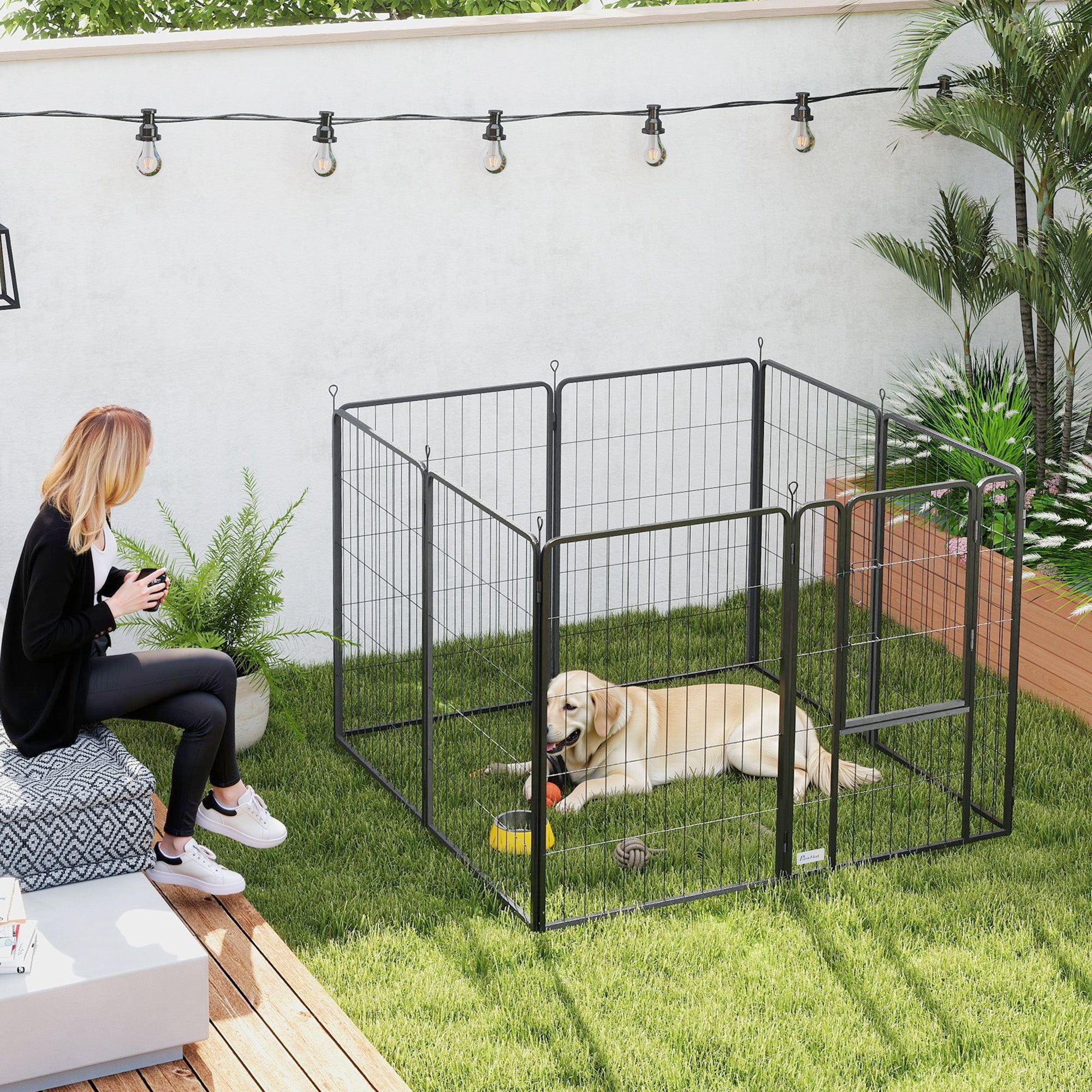 PawHut 8 Panels Heavy Duty Dog Playpen with Door Indoor Outdoor, for Large Dogs, 100cm High - North Peak Garden Furniture