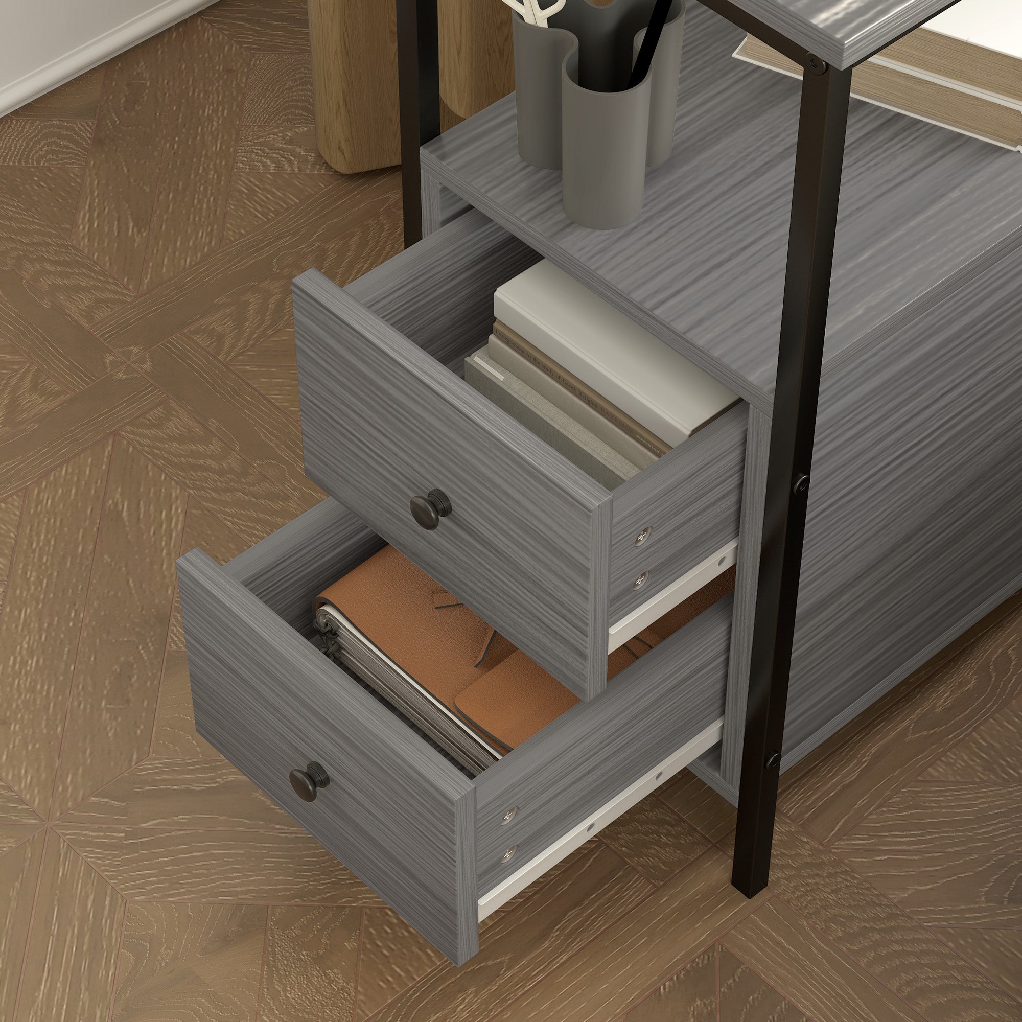 HOMCOM Side Table, Narrow Bedside Table with 2 Drawers and Storage Shelf, Industrial End Table with Metal Frame for Small Spaces, Grey Wood Grain - North Peak Garden Furniture