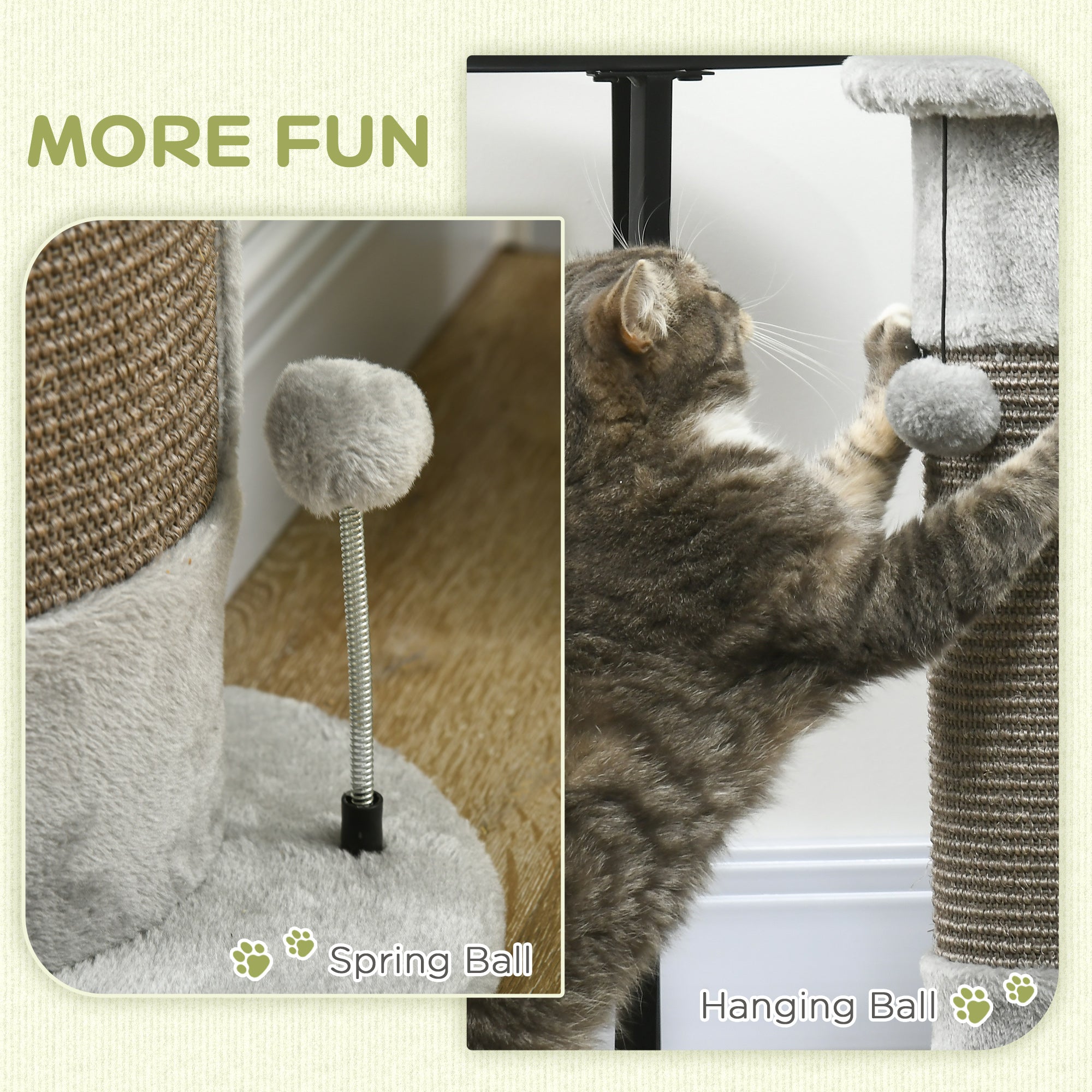 PawHut 58cm Cat Scratching Post, with Covered Plush, Play Balls, for Corner Walls - Grey