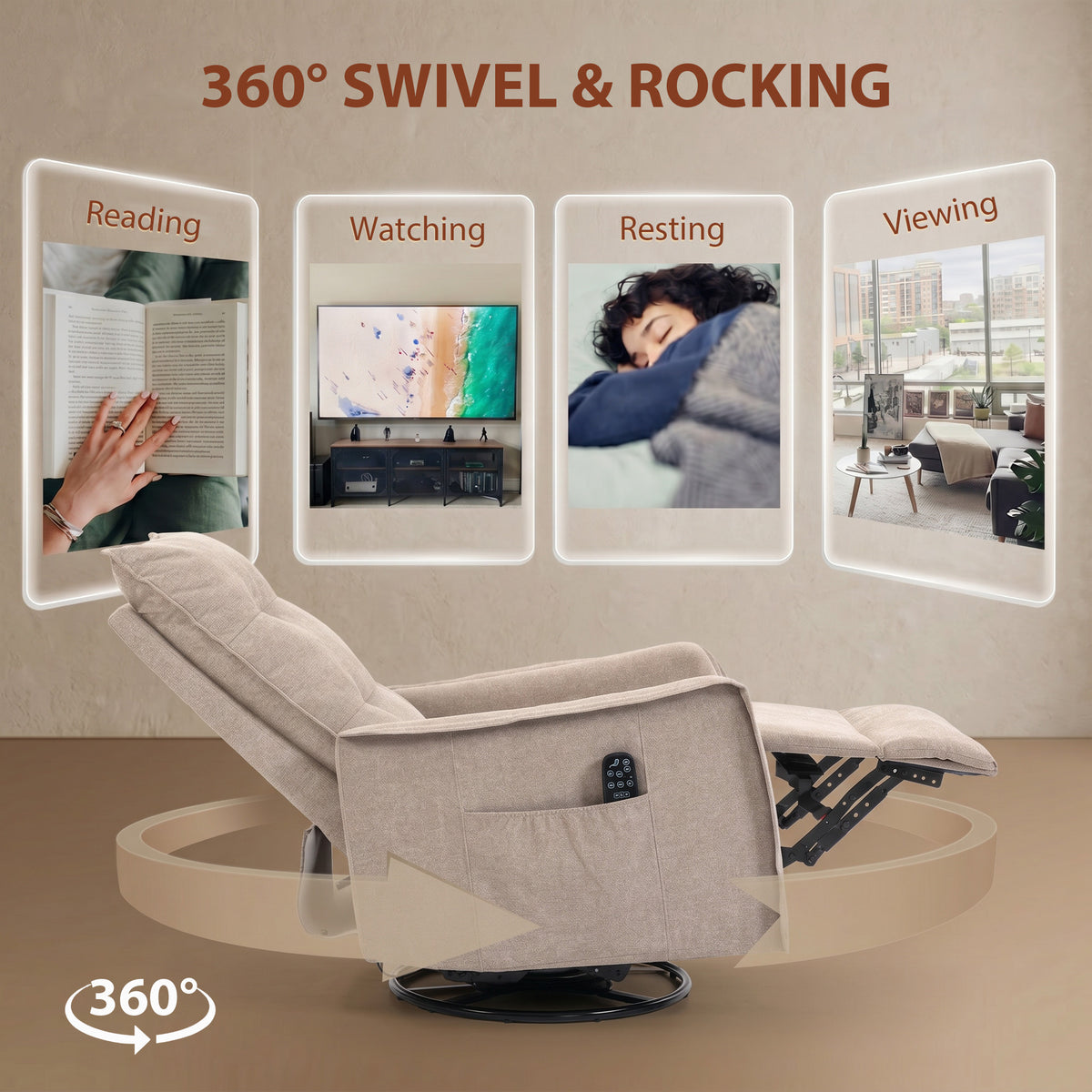 HOMCOM Recliner Armchair, Chenille Recliner Chair with Massage and Heat, 360° Swivel Rocking Manual Recliner, Brown