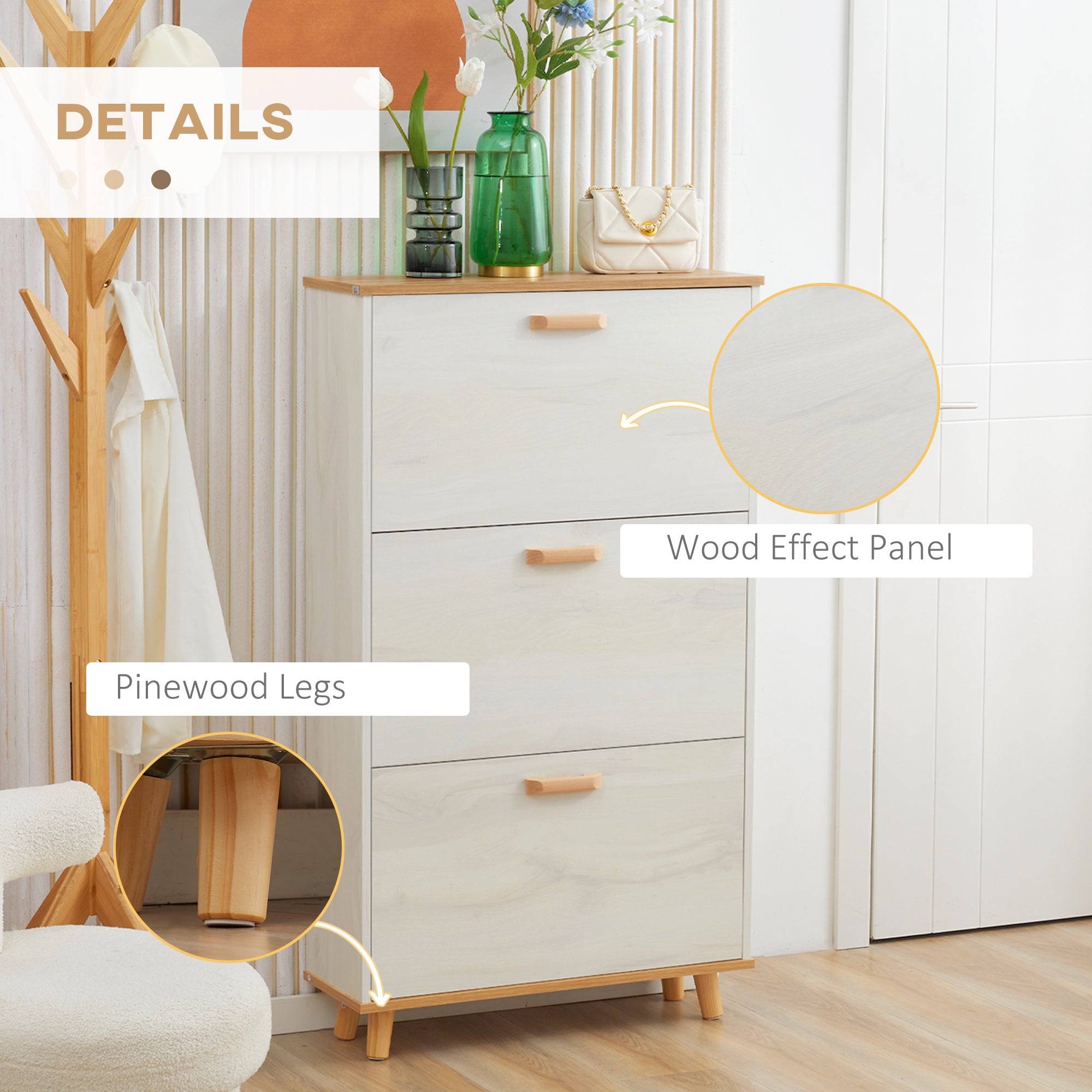 HOMCOM Narrow Shoe Cabinet, Slim Shoe Storage Cabinet with 3 Flip Drawers and Adjustable Shelves, 12 Pair of Shoes Organizer for Hallway, Entryway, Cream White - North Peak Garden Furniture