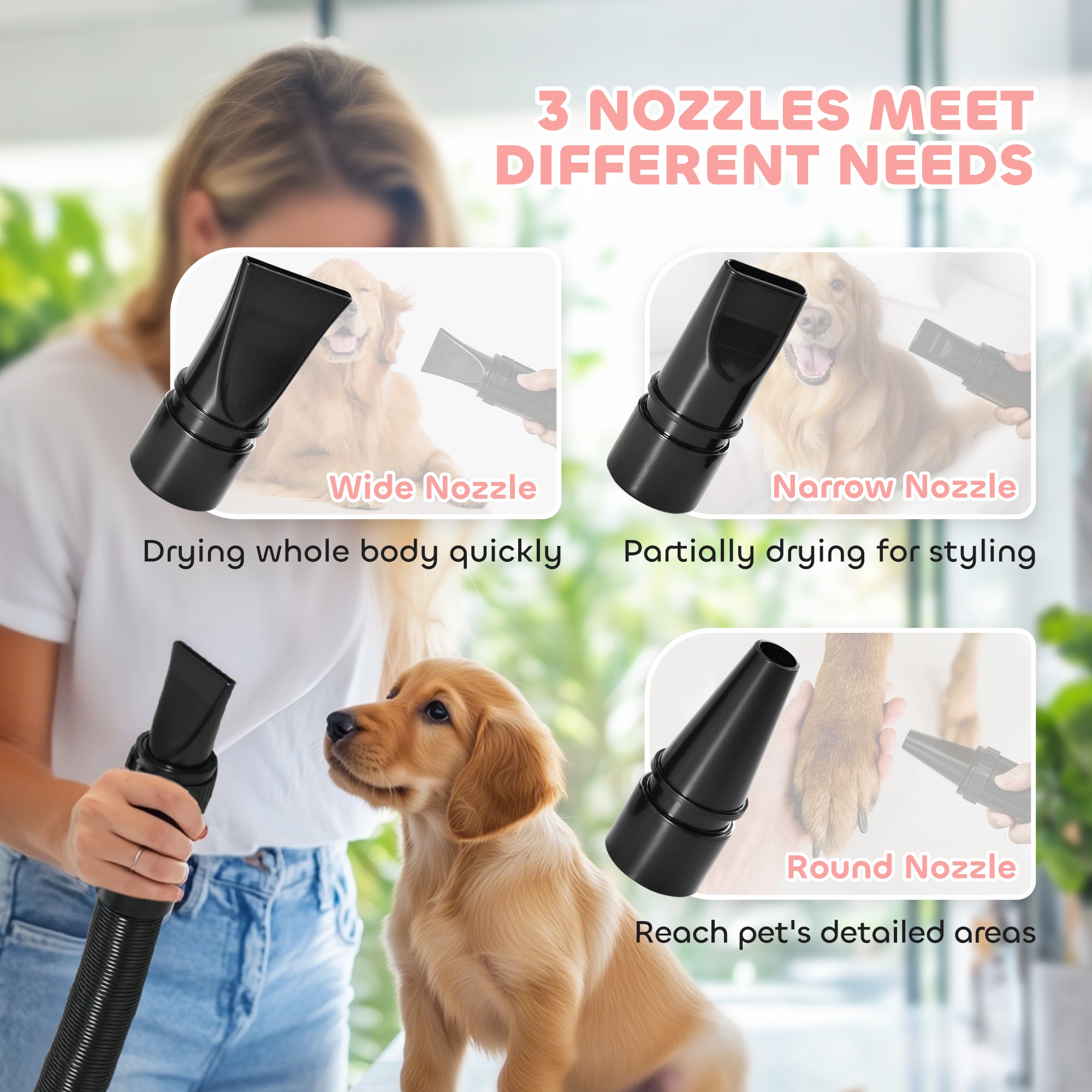 PawHut 2200W Dog Hair Dryer with Adjustable Temperature & Velocity, 3 Different Nozzles, Pink - North Peak Garden Furniture