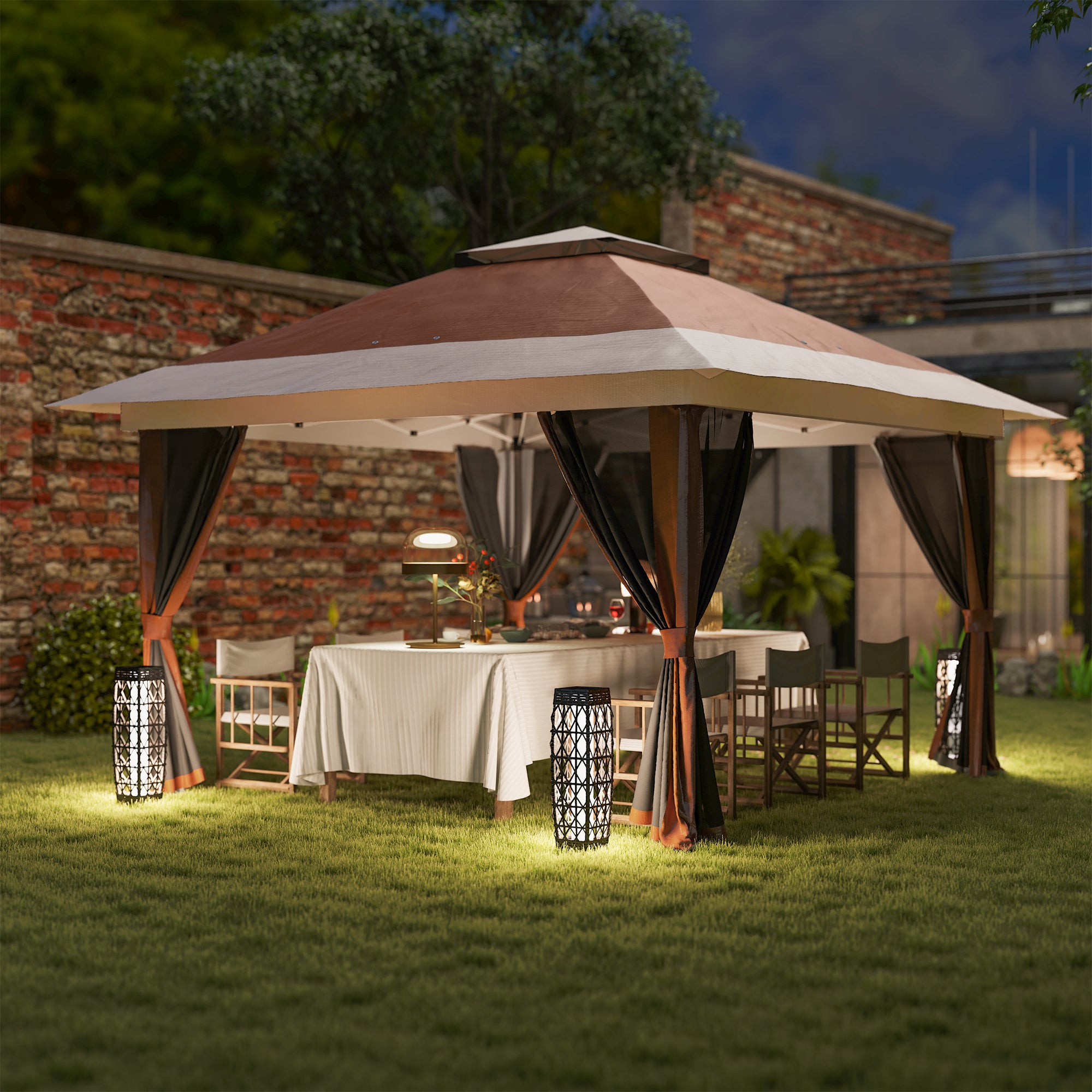 Outsunny 3.6 x 3.6m Pop-Up Gazebo, with Accessories - Brown - North Peak Garden Furniture