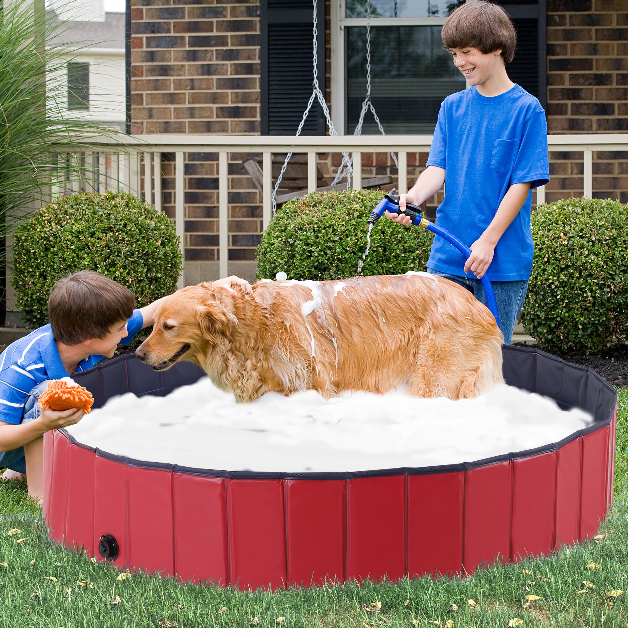 PawHut Foldable Dog Paddling Pool Pet Cat Swimming Pool Indoor/Outdoor Collapsible Summer Bathing Tub Shower Tub Puppy Washer (Φ160 × 30H cm, Red) - North Peak Garden Furniture