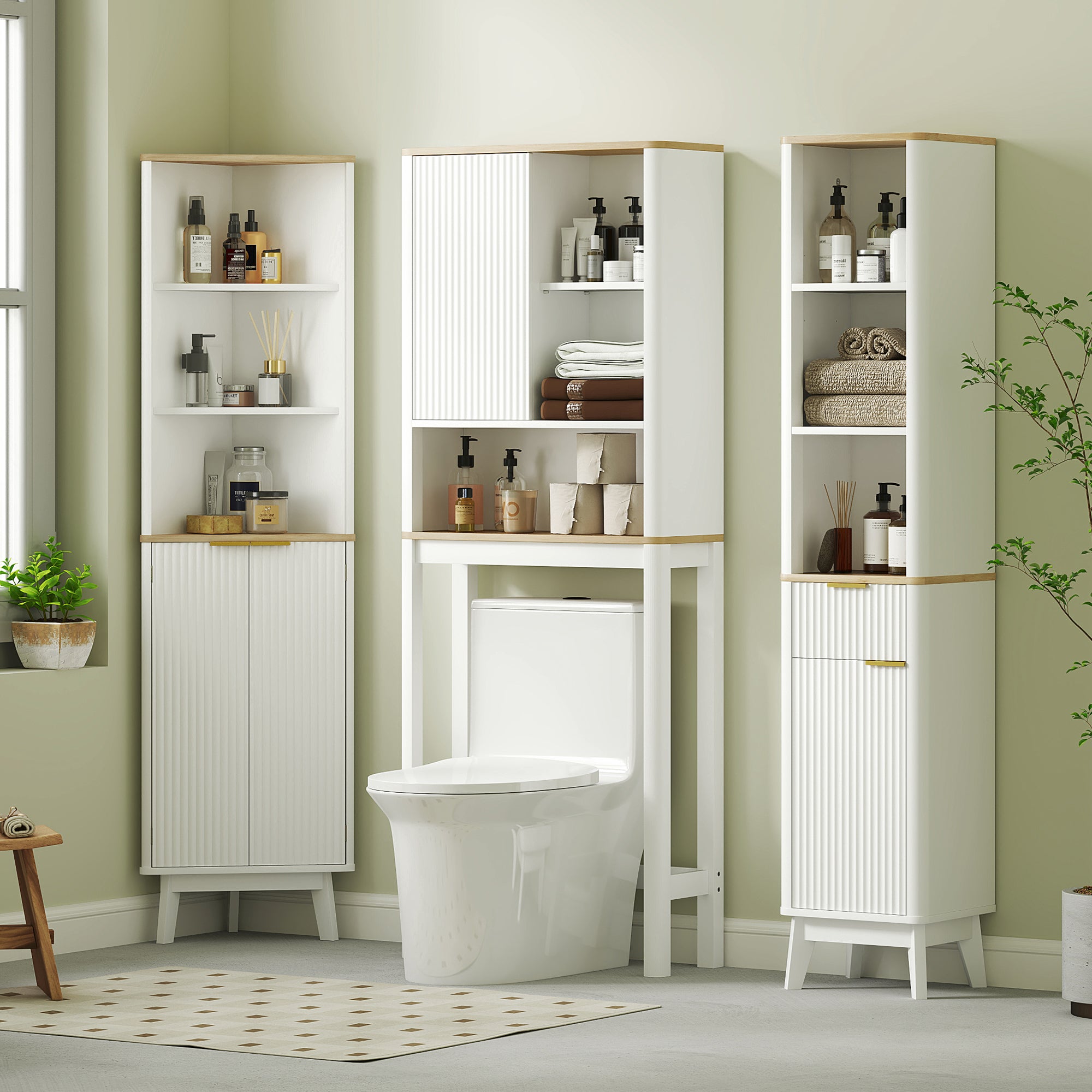 HOMCOM Tall Bathroom Storage Cabinet, Slim Bathroom Storage Unit with Doors and Adjustable Shelves, Freestanding Bathroom Cabinet with Curved Profile Design, White - North Peak Garden Furniture