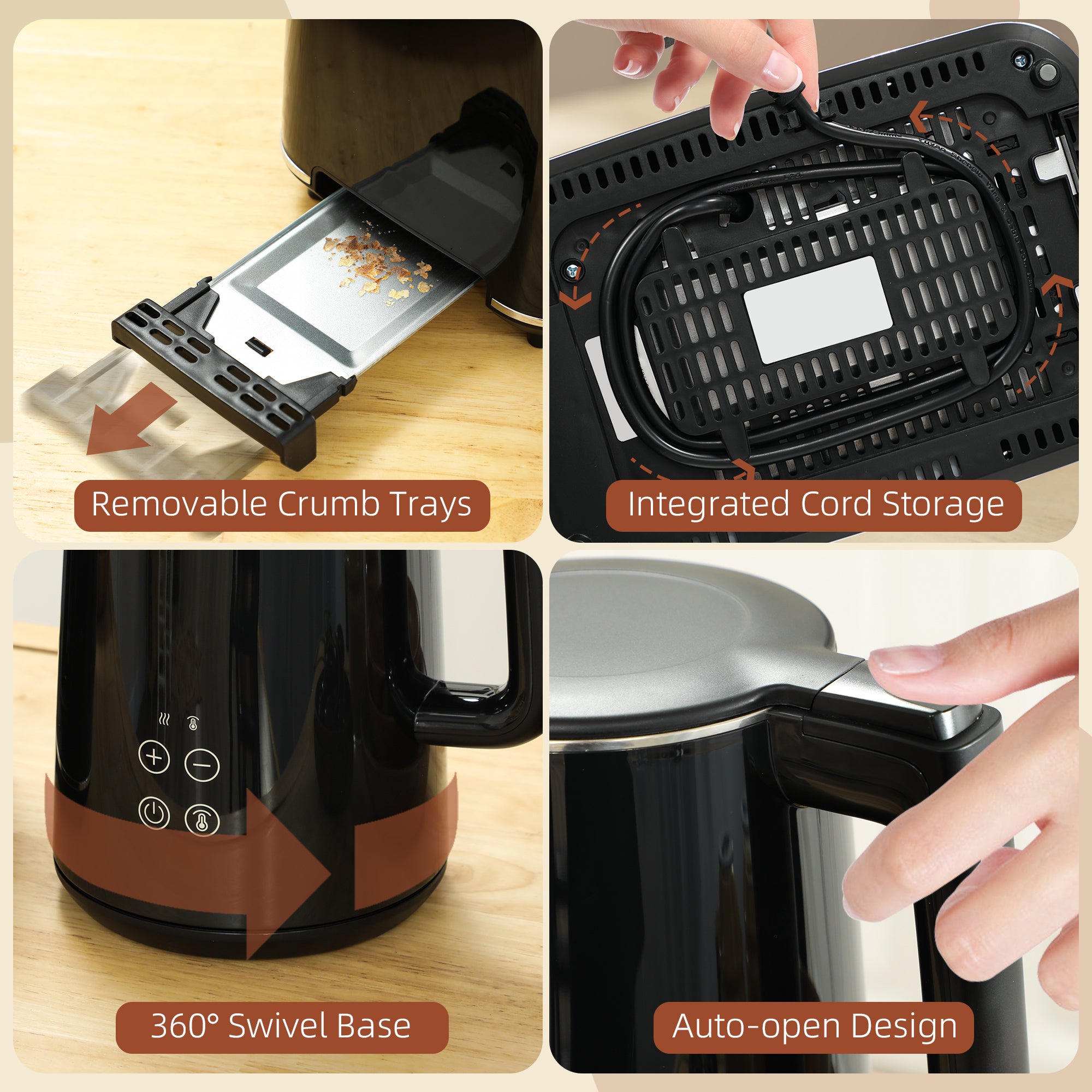 HOMCOM Kettle and Toaster Set, 1.5L 3000W Fast Boil Kettle with Insulation & 2 Slice Toaster Kitchen Set with 7 Level Browning Controls, Defrost, Reheat and Crumb Tray, Black - North Peak Garden Furniture