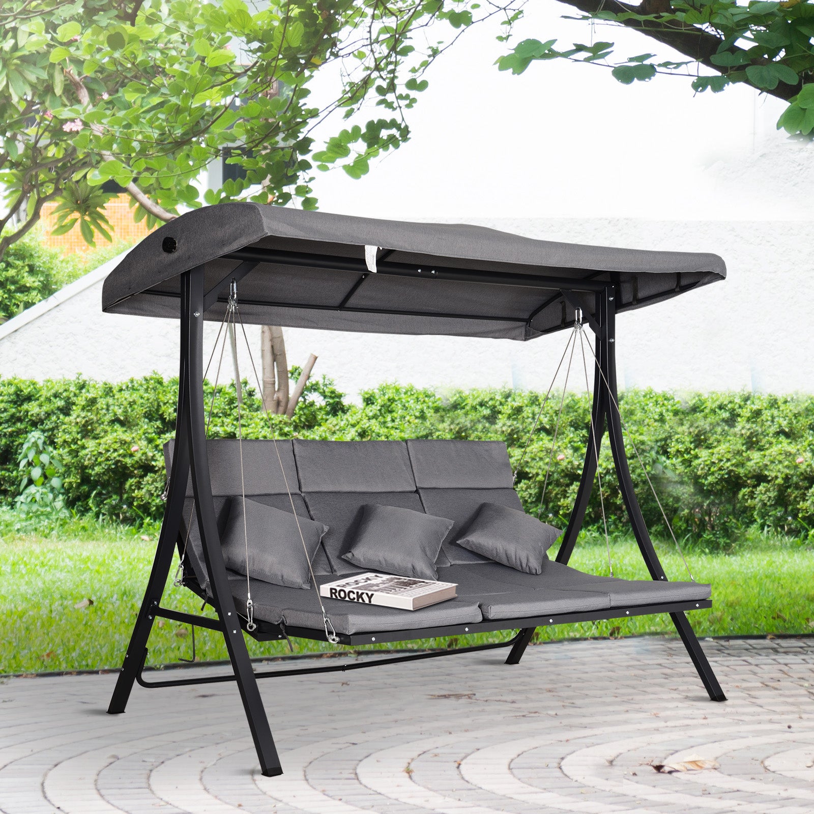 Outsunny 3 Seater Garden Swing Seat Outdoor Swing Chairs Chaise Lounge Padded Seat Hammock Canopy Porch Patio Bench Bed Recliner Sun Lounger - Grey - North Peak Garden Furniture