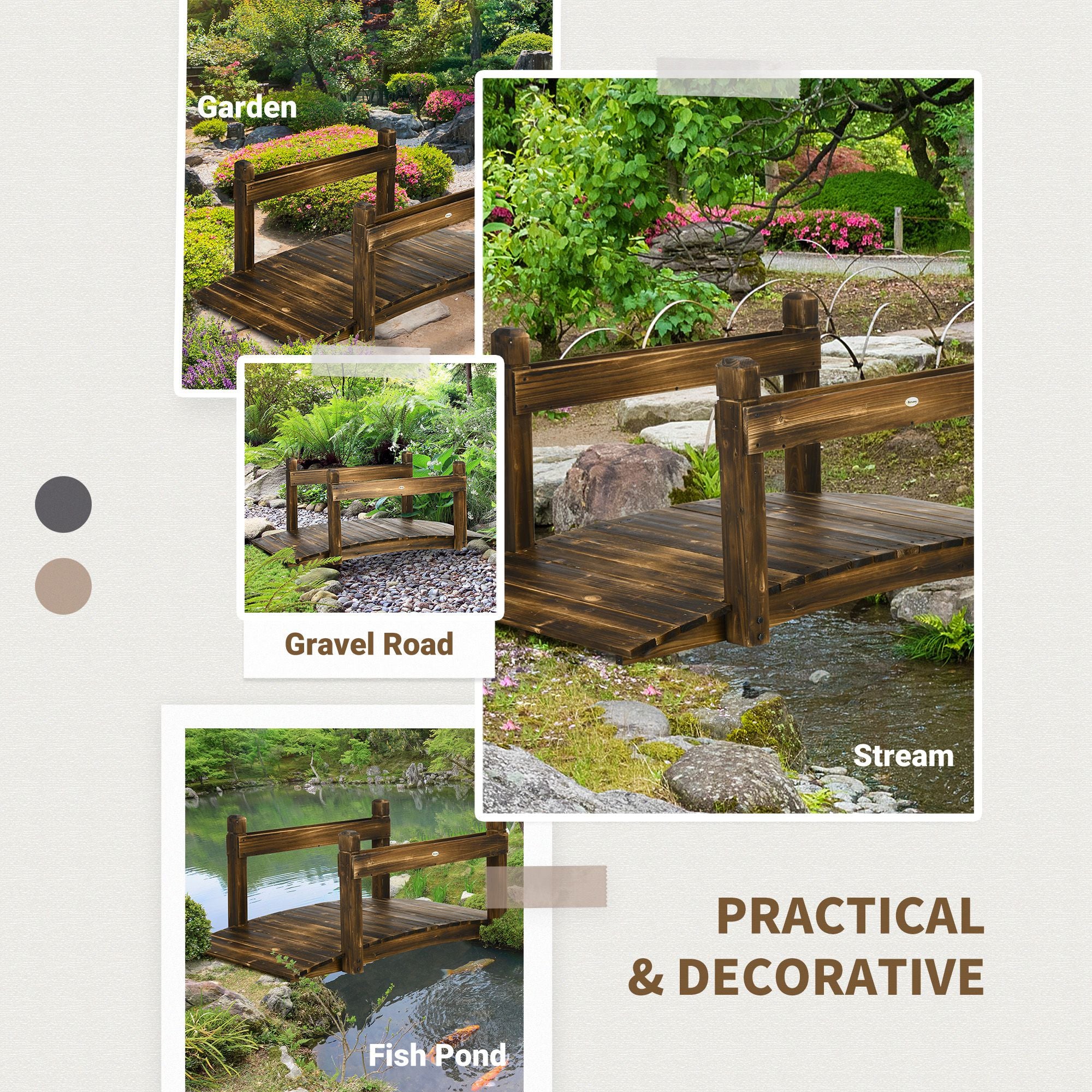 Outsunny 5FT Wooden Garden Bridge with Planters on Safety Railings, Stained Finish Arc Footbridge for Pond Backyard Stream - North Peak Garden Furniture