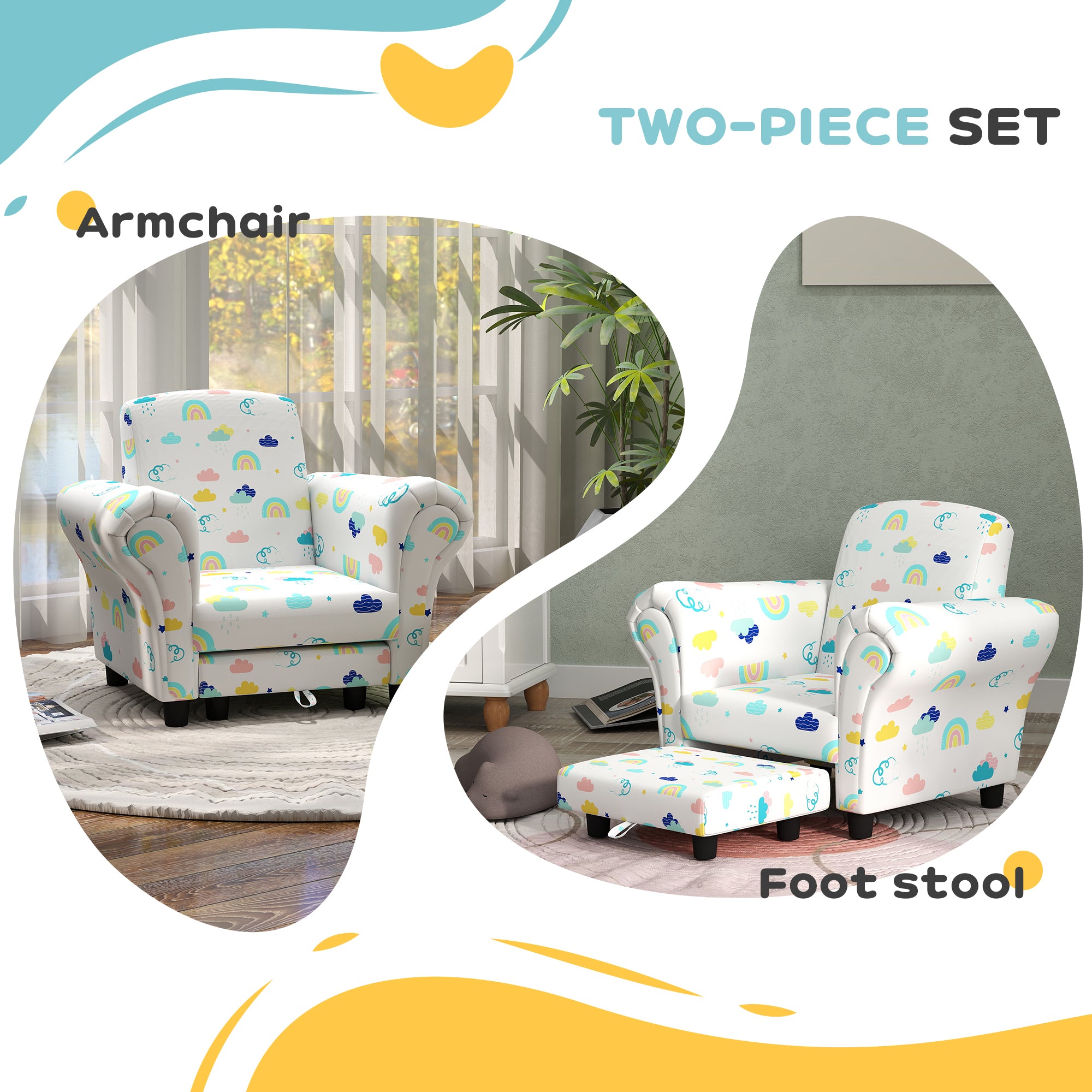 AIYAPLAY 2 Piece Kids Sofa Set with Cloud Design, Wooden Frame, for 1.5-3 Years Old, White - North Peak Garden Furniture
