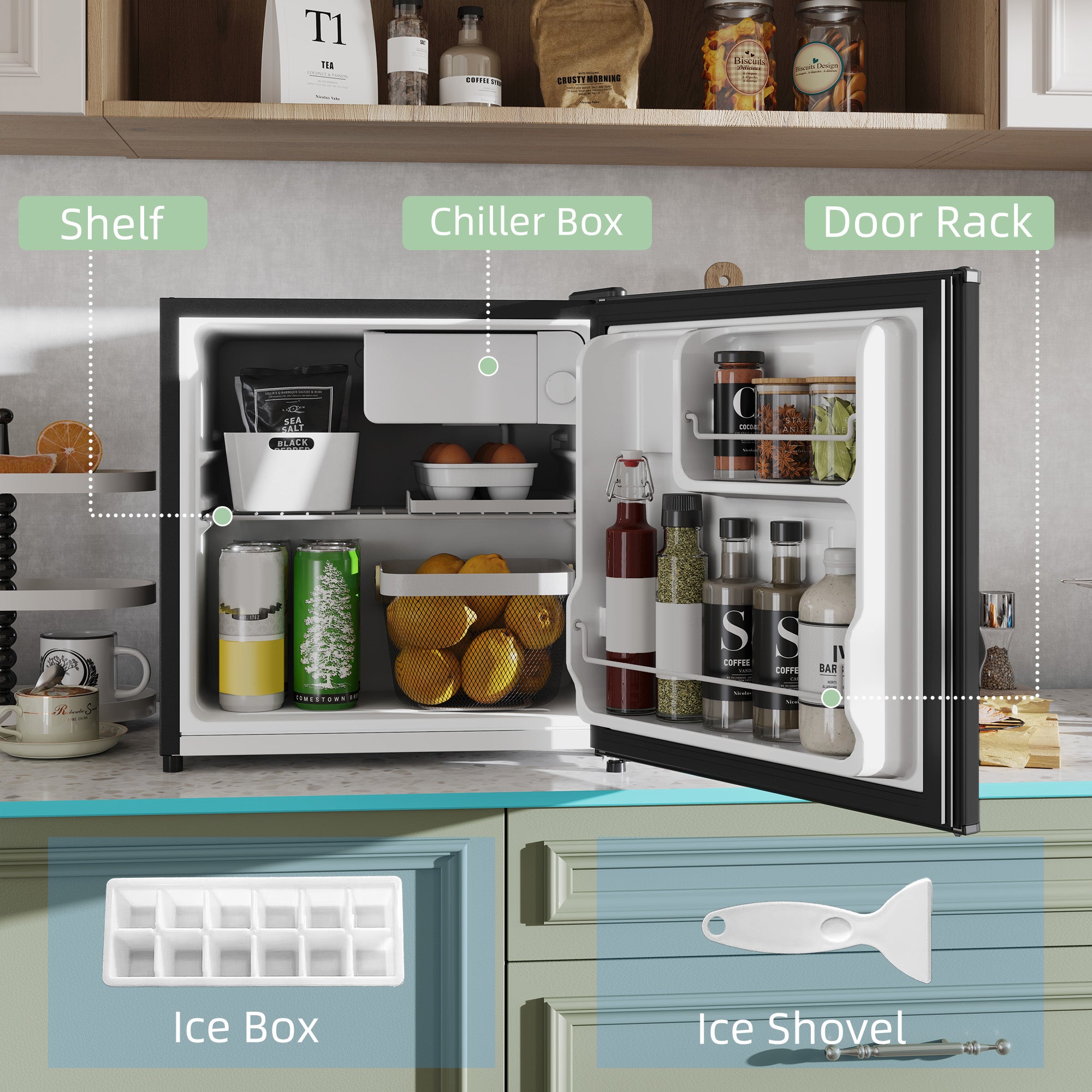 HOMCOM 46 Litre Table Top Mini Fridge, Small Fridge with Ice Box, Reversible Door, Adjustable Temperature and Legs, Mini Fridge for Bedrooms, Home Office, Black - North Peak Garden Furniture