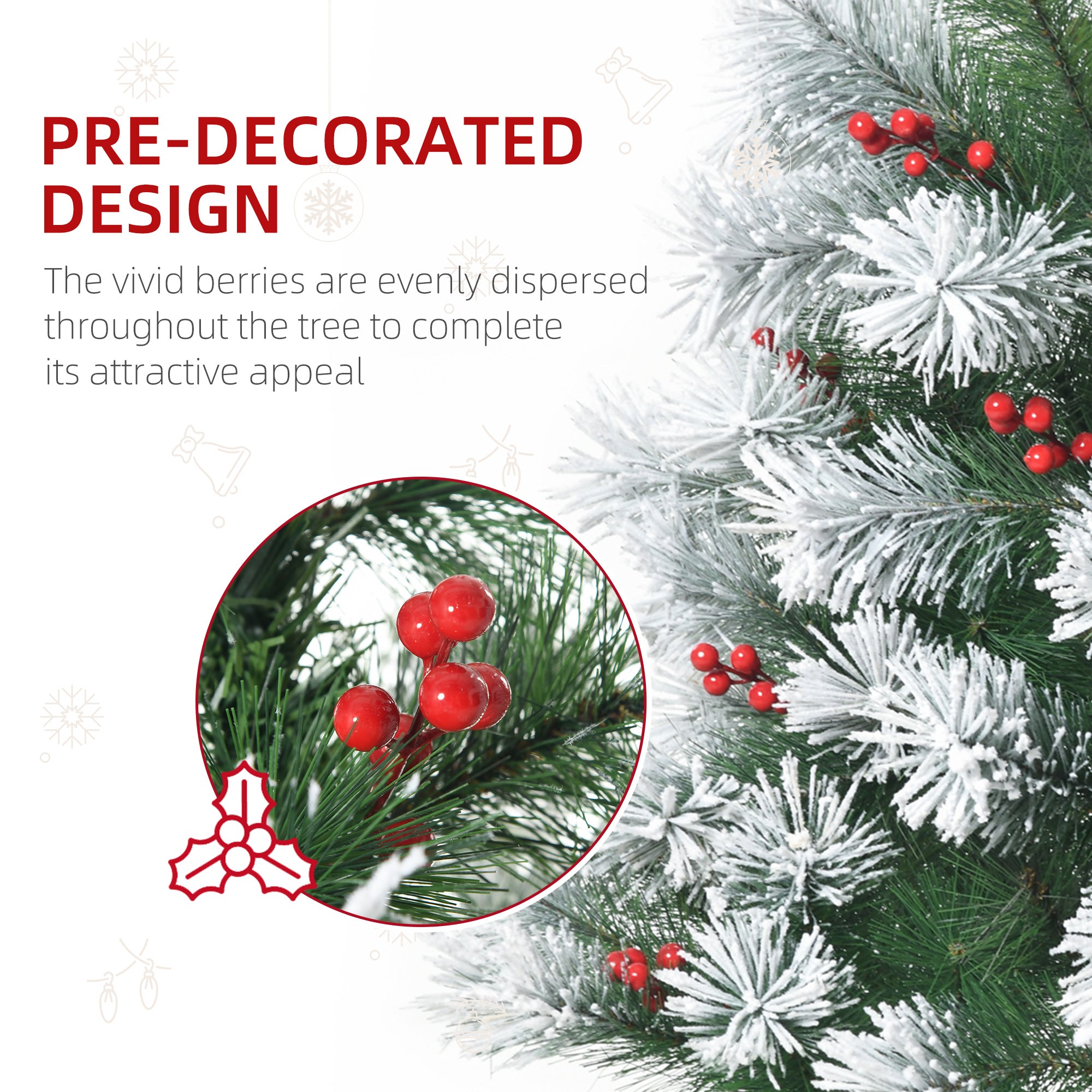 HOMCOM Indoor Christmas Tree Artificial Berry Xmas Decoration with Metal Stand and 184 Tips (5FT(150CM)) - North Peak Garden Furniture