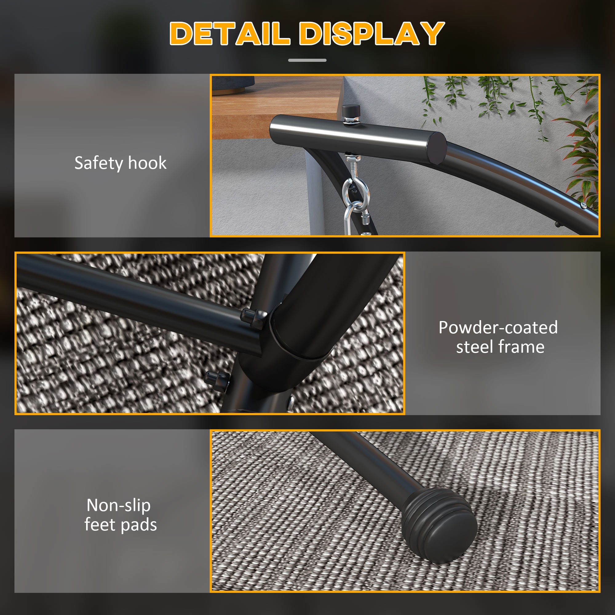 Outsunny Hammock Chair Stand, C Shape Hanging Heavy Duty Metal Frame Hammock Stand for Hanging Hammock Air Porch Swing Chair, Indoor & Outdoor Use, Black - North Peak Garden Furniture