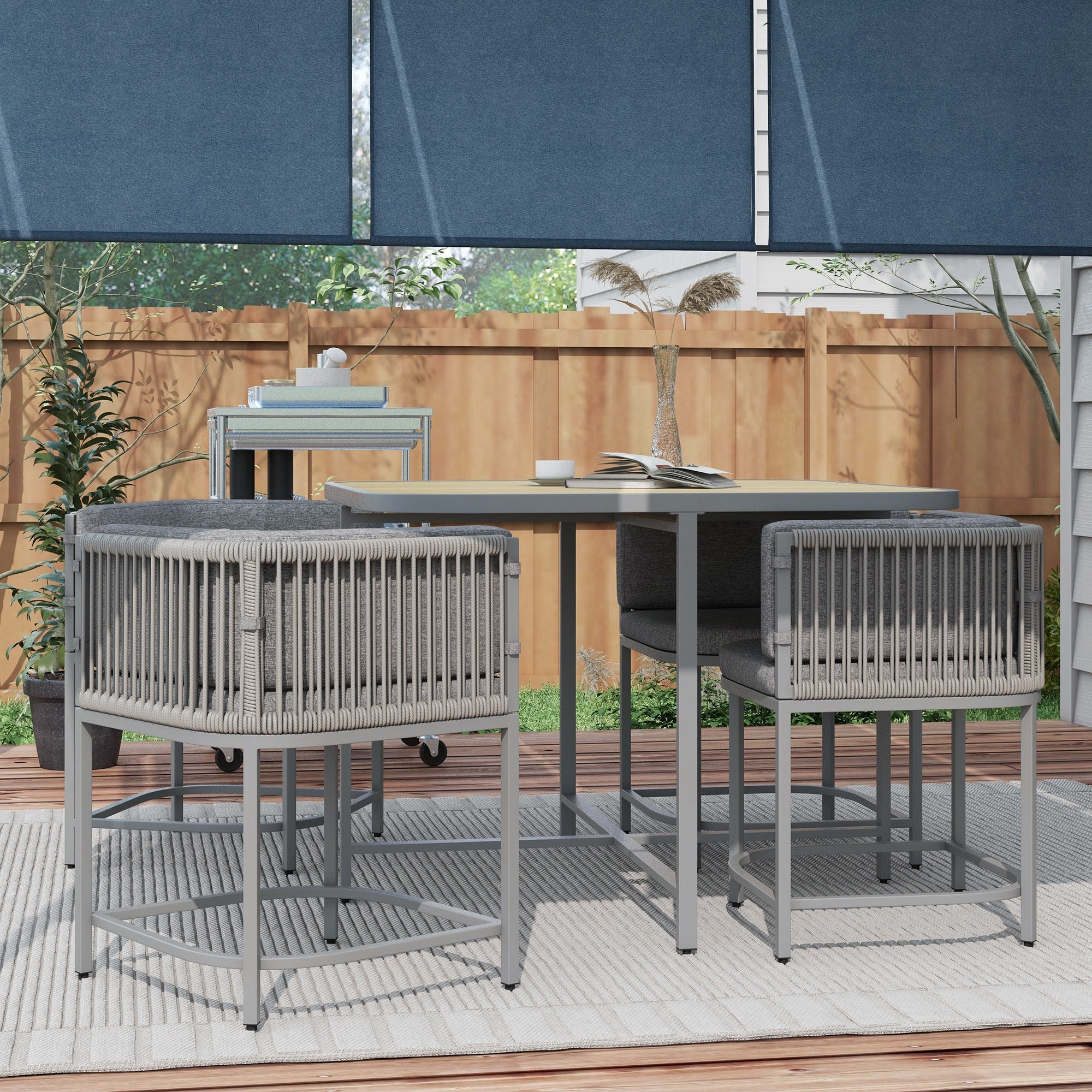 Outsunny 4 Seater Rattan Cube Garden Furniture Set with Cushions, Square Garden Dining Set with Stone Composite Board Top Table, Outdoor Dining Table and Chairs, Grey - North Peak Garden Furniture