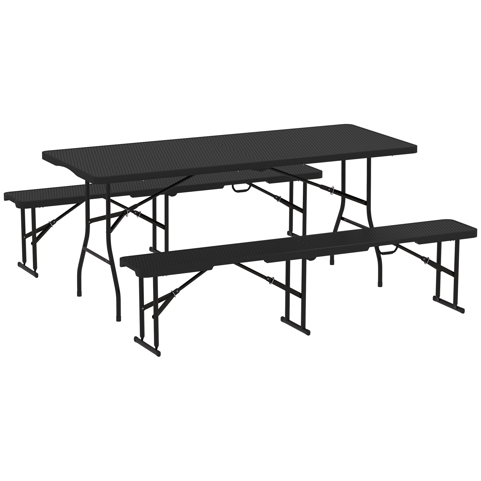 Outsunny Folding Picnic Table and Bench Set, Rattan Effect Portable Camping Table and Chairs with Carrying Handles for Indoor Outdoor, Dining, Camping, Picnic, BBQ, Party, Black - North Peak Garden Furniture
