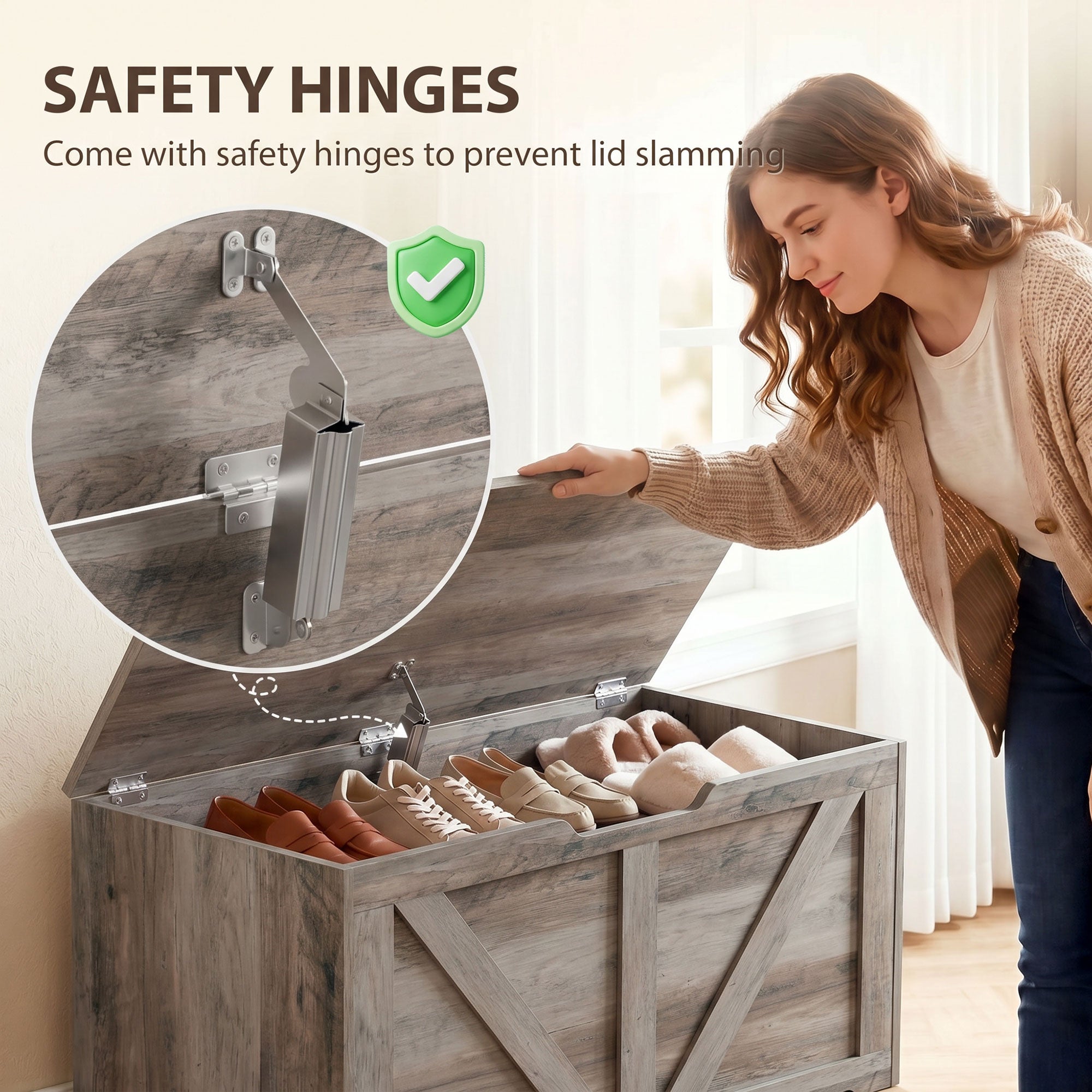 HOMCOM 100L Home Storage Box, with Safety Hinge - Grey Wood-Effect