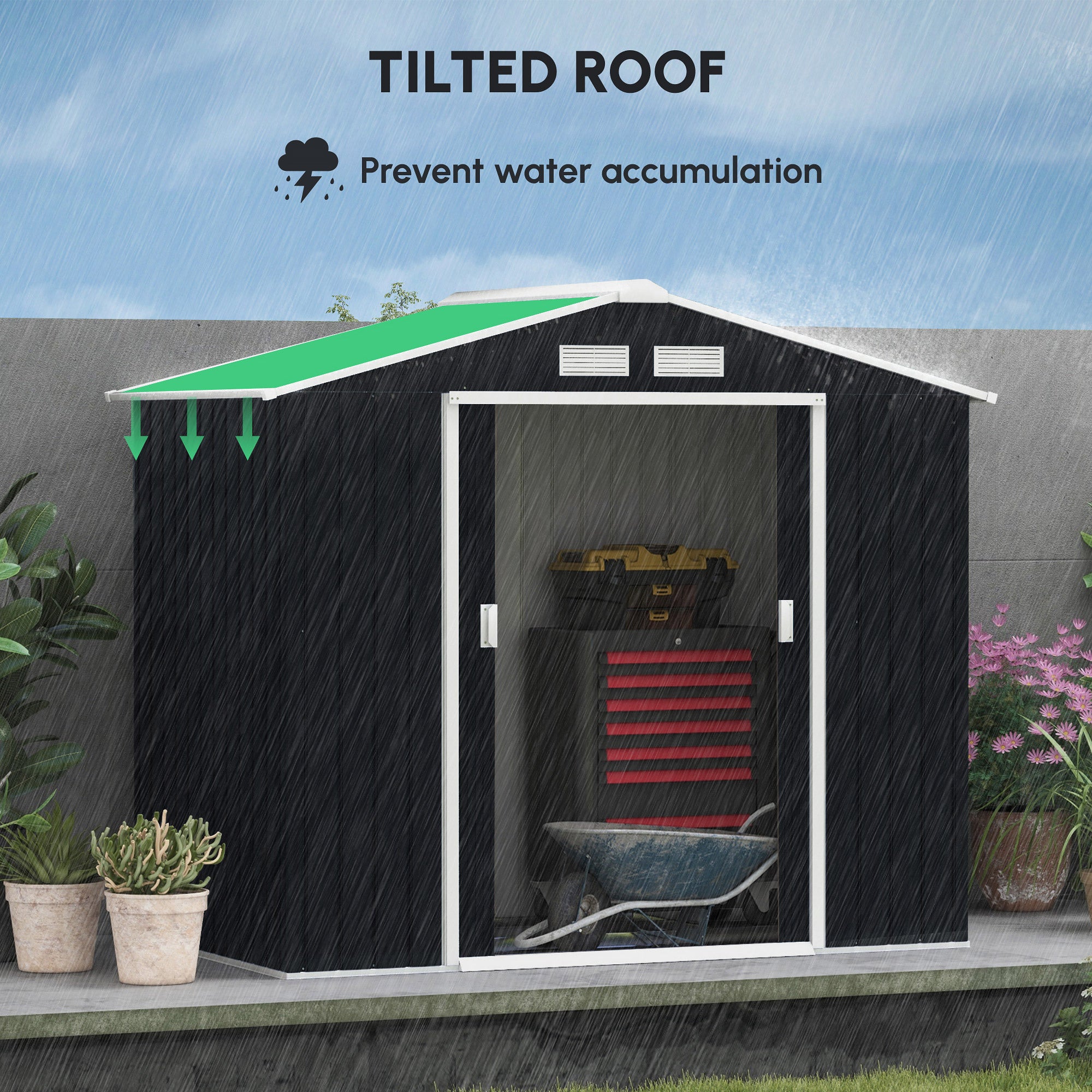 Outsunny 7 x 4ft Metal Garden Shed, Outdoor Storage Tool House with Ventilation Slots, Foundation Kit and Lockable Double Doors, Dark Grey - North Peak Garden Furniture