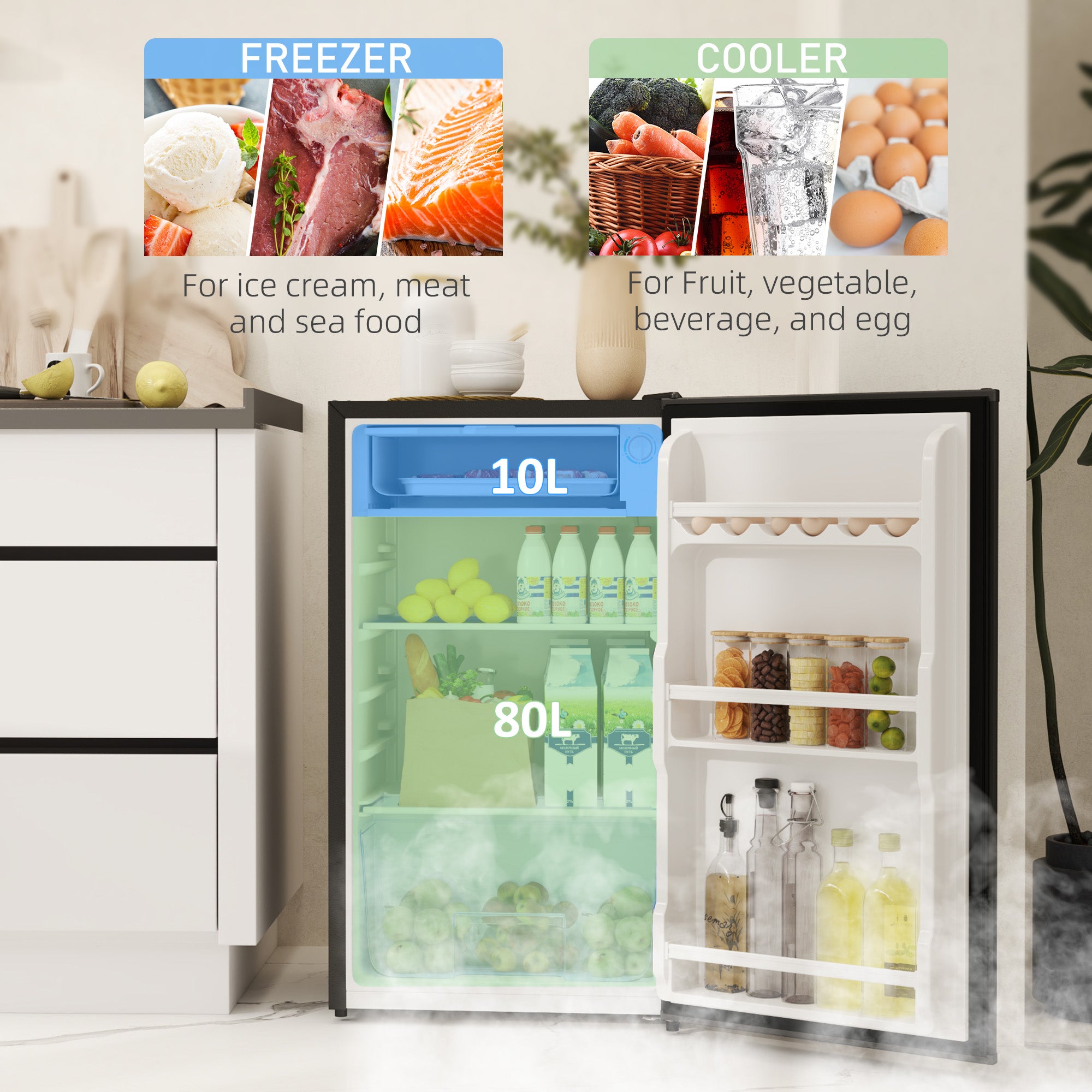 HOMCOM 91L Freestanding Under-Counter Fridge with Lock - Black - North Peak Garden Furniture