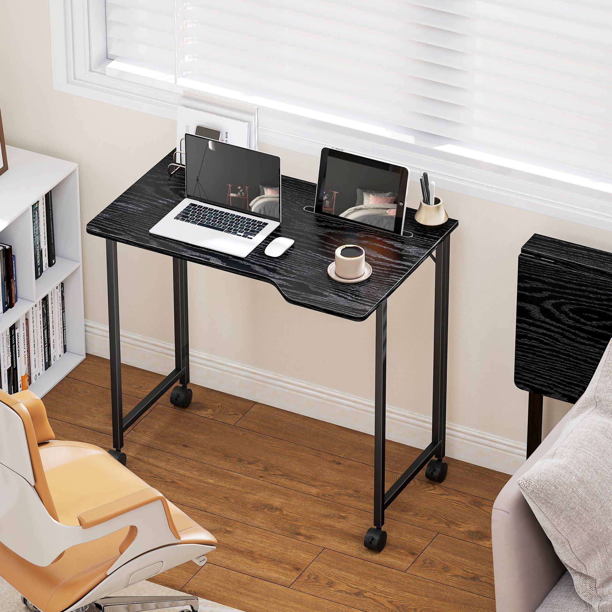 HOMCOM Folding Small Desk on Wheels - Black Wood Effect