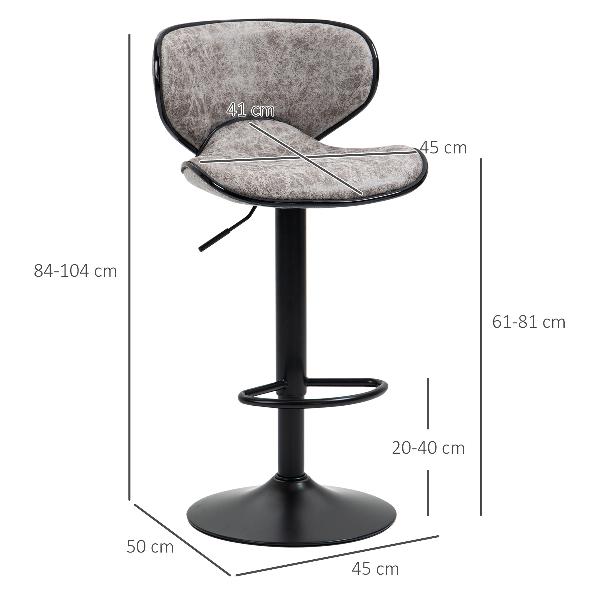 HOMCOM Bar Stool Set of 2 Microfiber Cloth Adjustable Height Armless Chairs with Swivel Seat, Grey - North Peak Garden Furniture