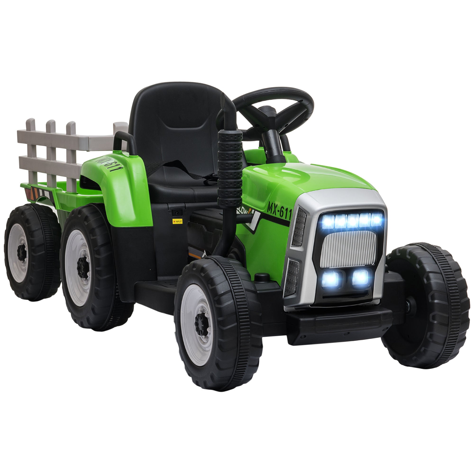 HOMCOM Ride On Tractor, Battery Powered Electric Car, with Detachable Trailer, Remote Control, Music - Green - North Peak Garden Furniture