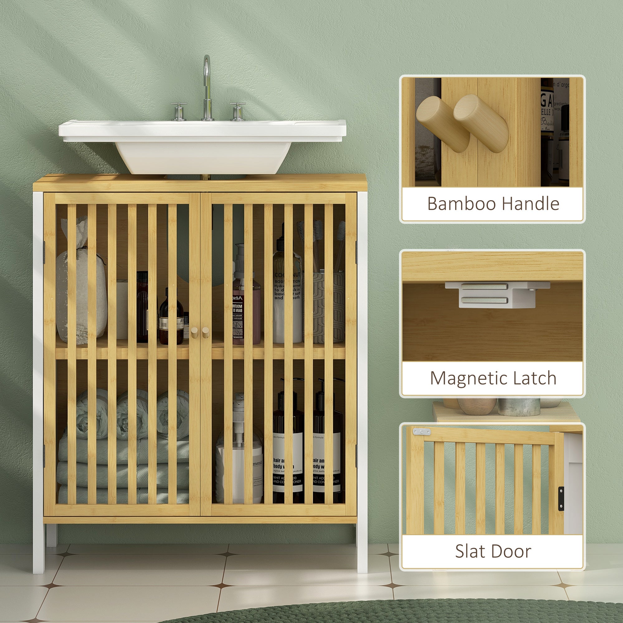 HOMCOM Bamboo-Blend Retro Cut-Out Under Sink Cabinet - North Peak Garden Furniture