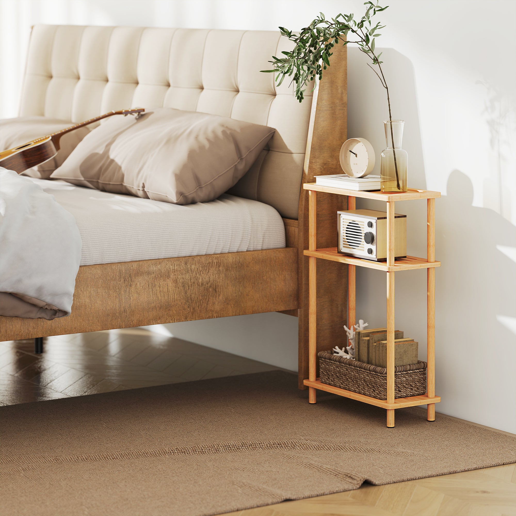 HOMCOM Bamboo Side Table, 3-Tier Slim End Table, Nordic Style, for Living Room, Bedroom, Office, Tool-Free Assembly, Natural Wood Finish