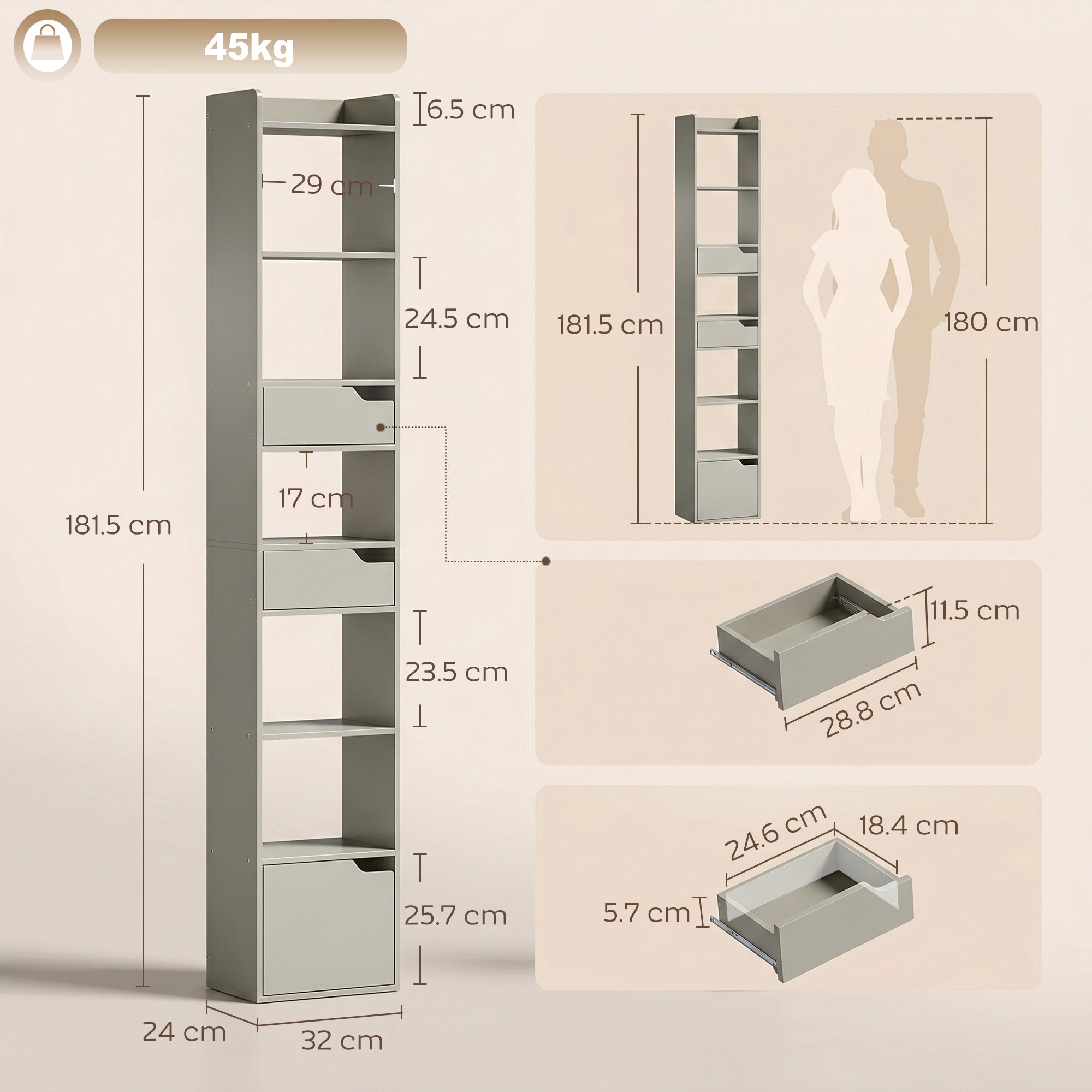HOMCOM Bookcase Tall Narrow with 5 Tiers and Drawers Freestanding Bookshelf Storage Cabinet for Living Room Grey