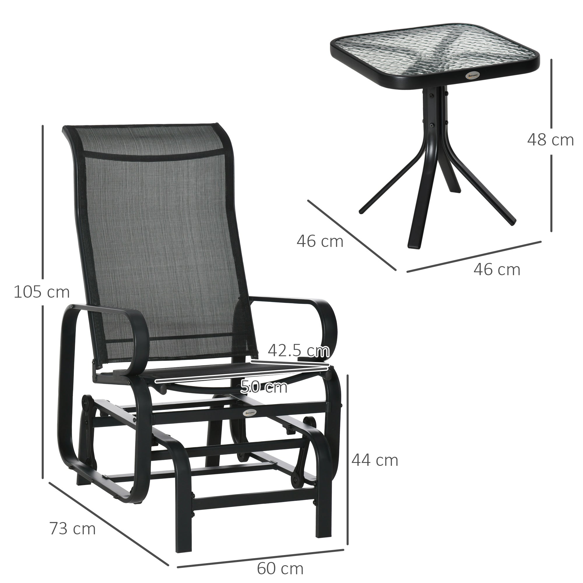 Outsunny 3 Pieces Garden Gliding Chair Set, Metal Frame 2 Single Armchair Swing Seater and 1 Glass Top Coffee Table w/ Breath Mesh Fabric Seat, Black - North Peak Garden Furniture