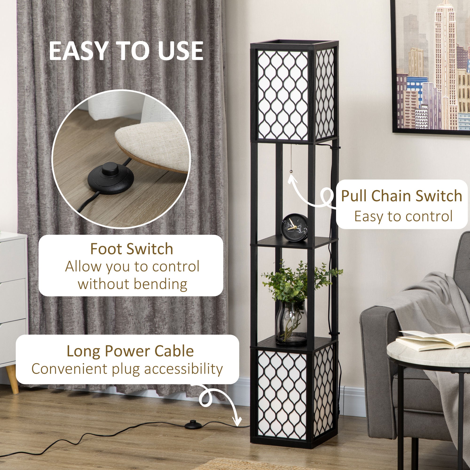 HOMCOM Floor Lamp with Shelves, Dual Light, Modern Tall Standing Lamps for Living Room, Bedroom, with Pull Chain Switch Bulb not Included, Black - North Peak Garden Furniture