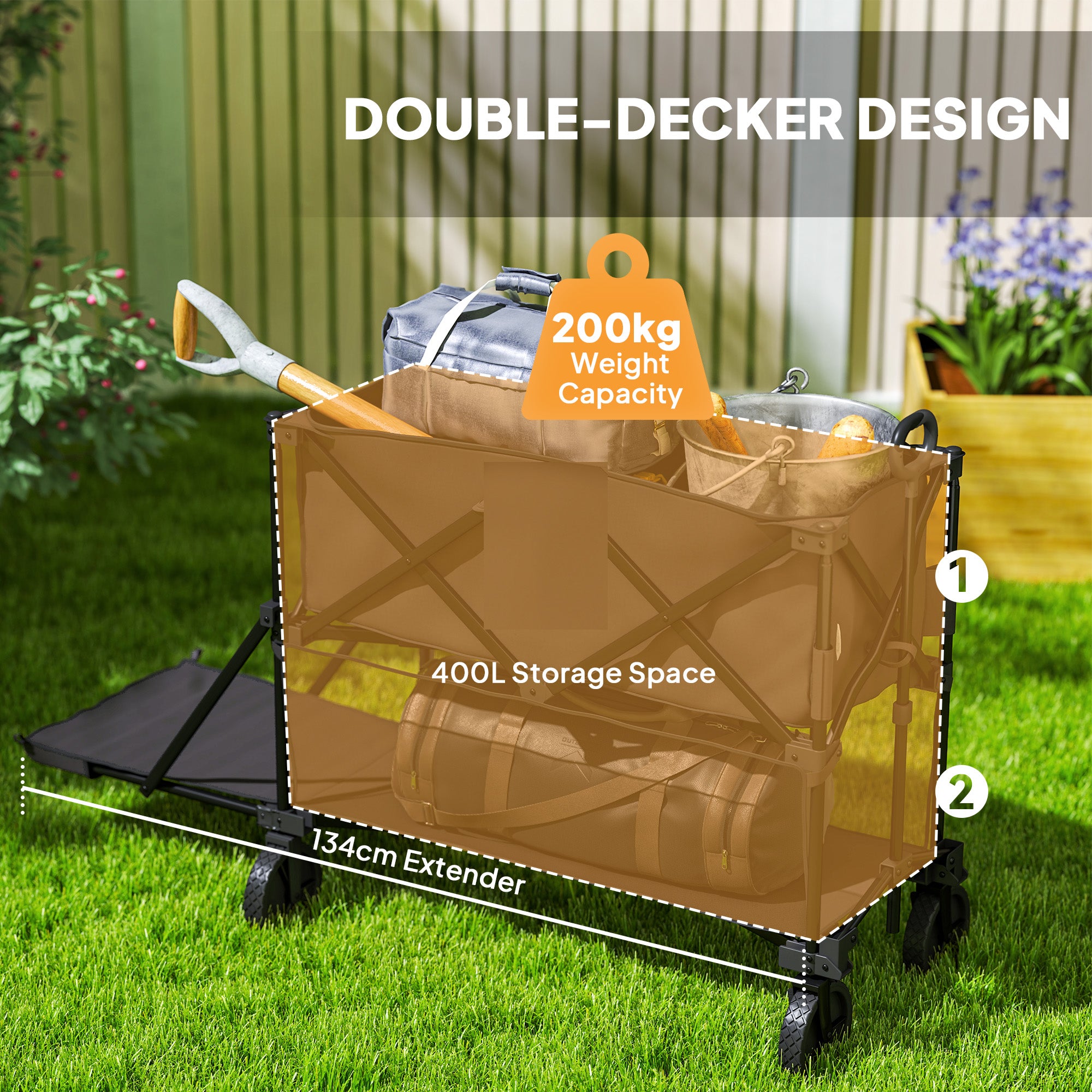 Outsunny Double Decker Folding Trolley on Wheels, 200KG & 350L Capacity Collapsible Wagon Festival Trolley Cart with 134cm Extended for Camping Sports Shopping Garden and Beach, Black - North Peak Garden Furniture
