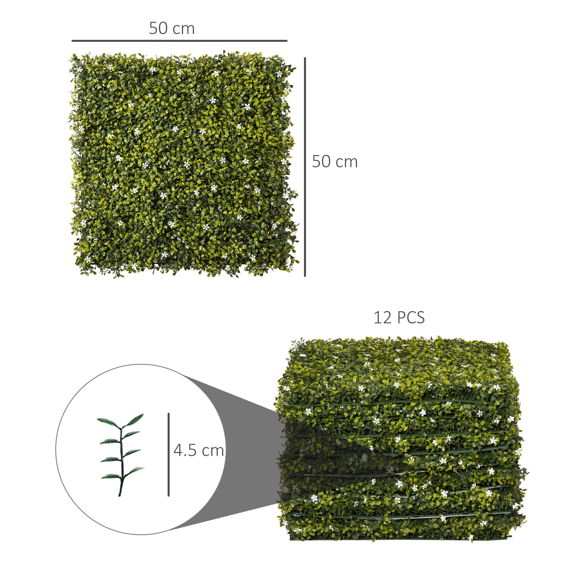 Outsunny 12PCS Artificial Boxwood Wall Panels 50cm x 50cm Grass Privacy Fence Screen Faux Hedge Greenery Backdrop Encrypted Milan Grass with White Flowers for Home Garden Backyard Balcony - North Peak Garden Furniture
