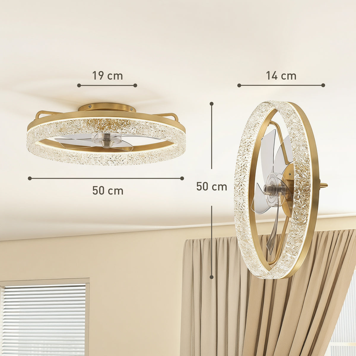 HOMCOM Ceiling Fan with Lights, Dimmable LED Mount Ceiling Fan Light with Remote App Control for Bedroom, Gold Tone