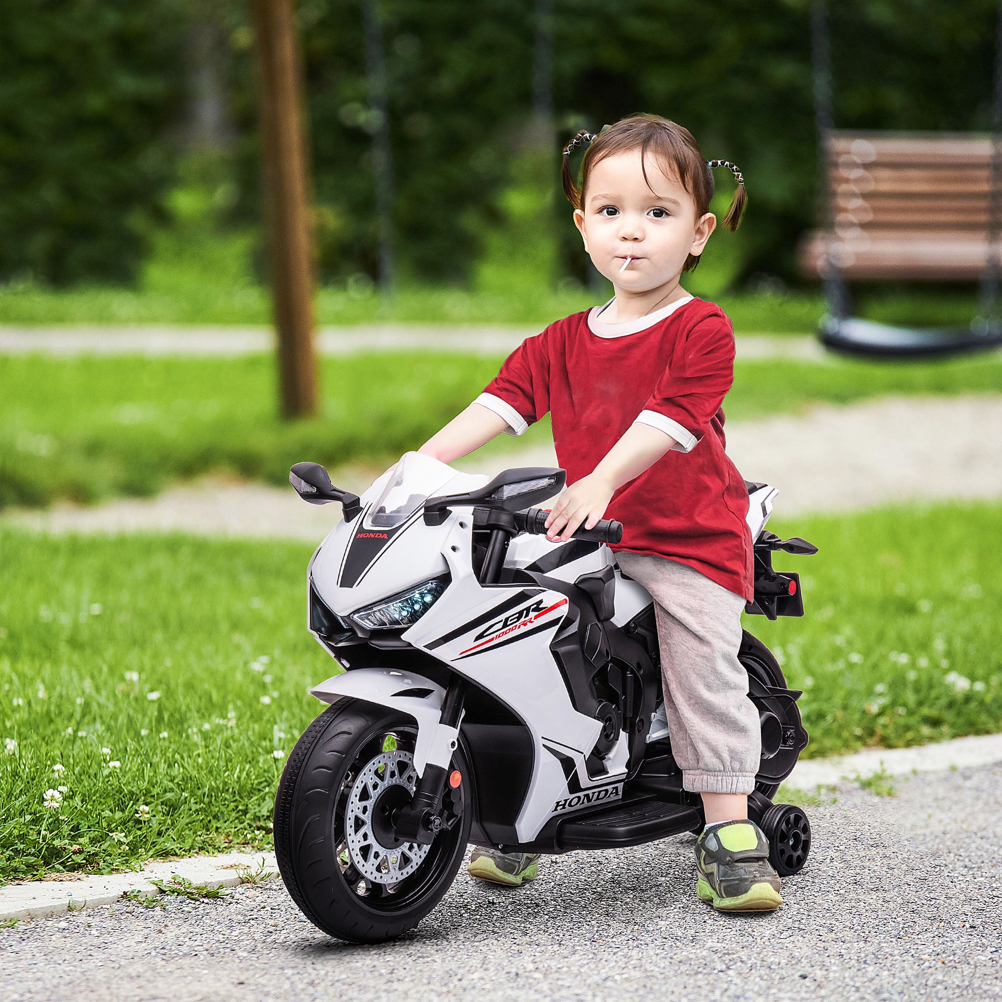 HOMCOM 6V Honda Licensed Kids Motorcycle w/ Music, Training Wheels - White