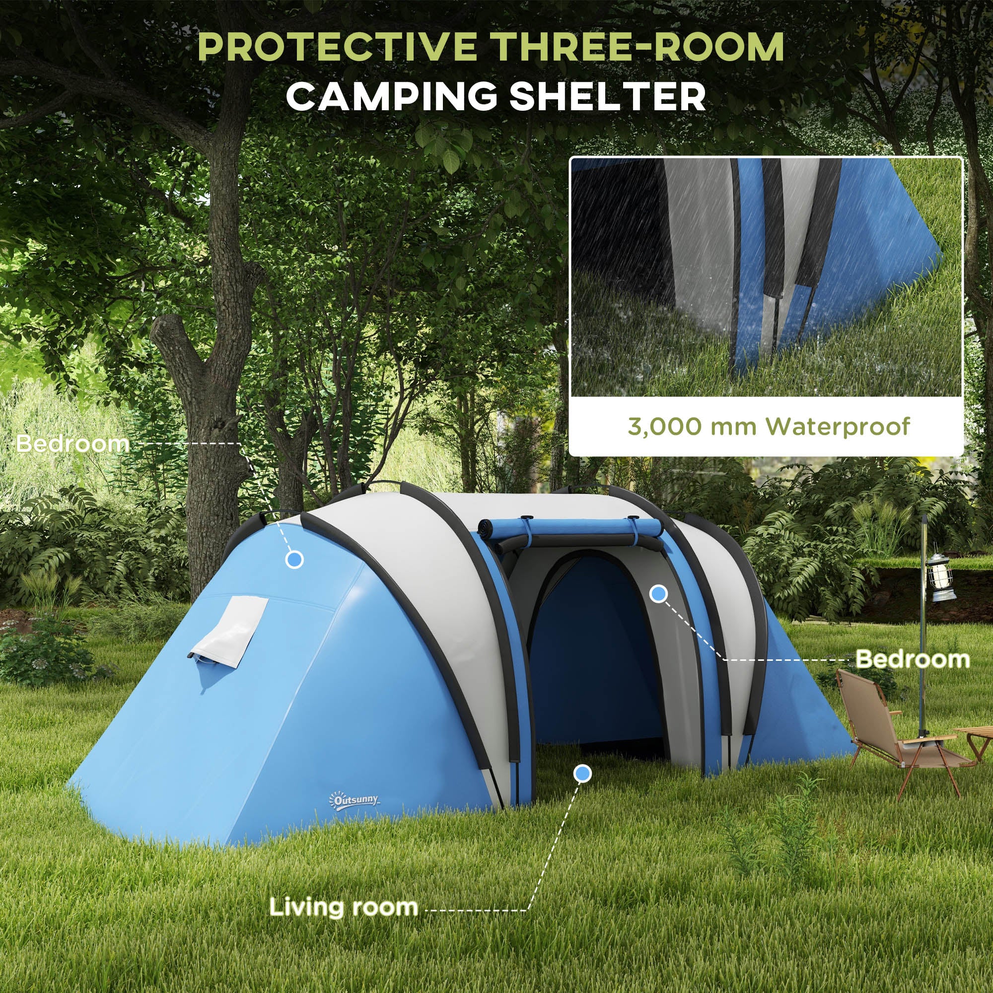Outsunny Camping Tent with 2 Bedrooms and Living Area, 3000mm Waterproof Family Tent, for Fishing Hiking Festival, Blue - North Peak Garden Furniture