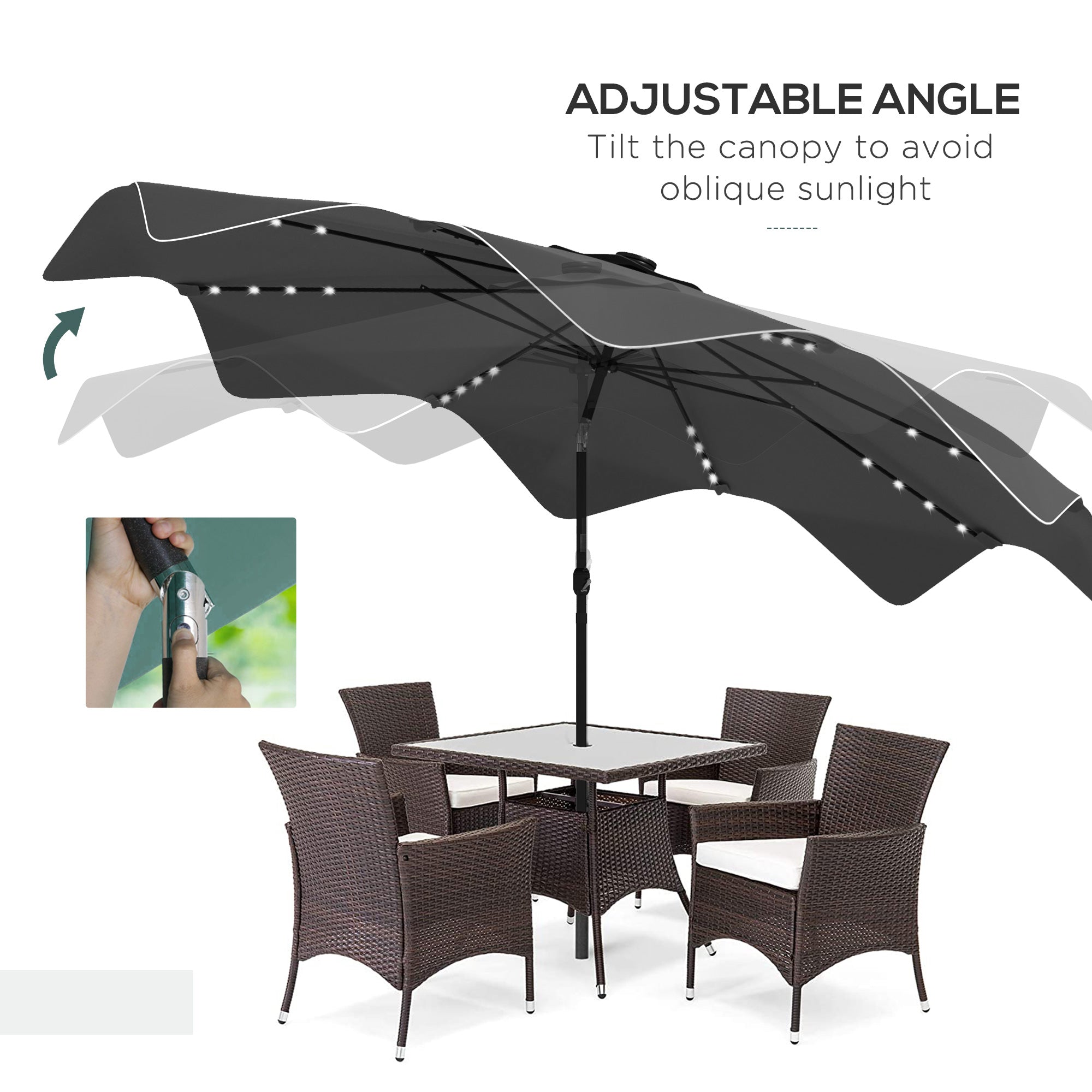 Outsunny Solar Patio Umbrella with LED and Tilt, Outdoor Market Table Umbrella Parasol with Crank, 3 x 3 (m), Dark Grey