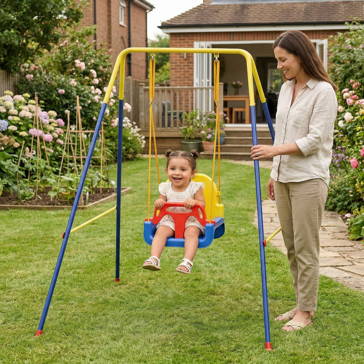 AIYAPLAY 3 in 1 Toddler Swing Set, Folding Child Swing Set with Seat Belt, Adjustable Seat for Outdoor Indoor, Blue