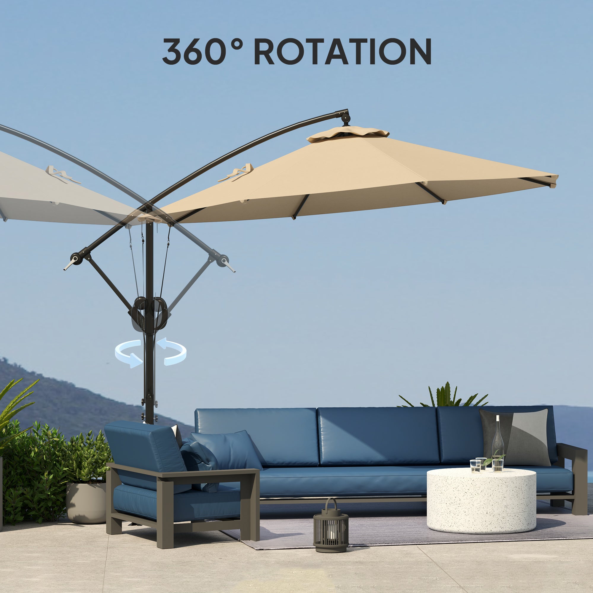 Outsunny 3(m) Garden Cantilever Parasol with Cover and Wind Protection Strap, Round Overhanging Umbrella with Crank Handle and Tilt, Banana Patio Umbrella for Outdoor Sun Shade, UPF50+, Khaki - North Peak Garden Furniture