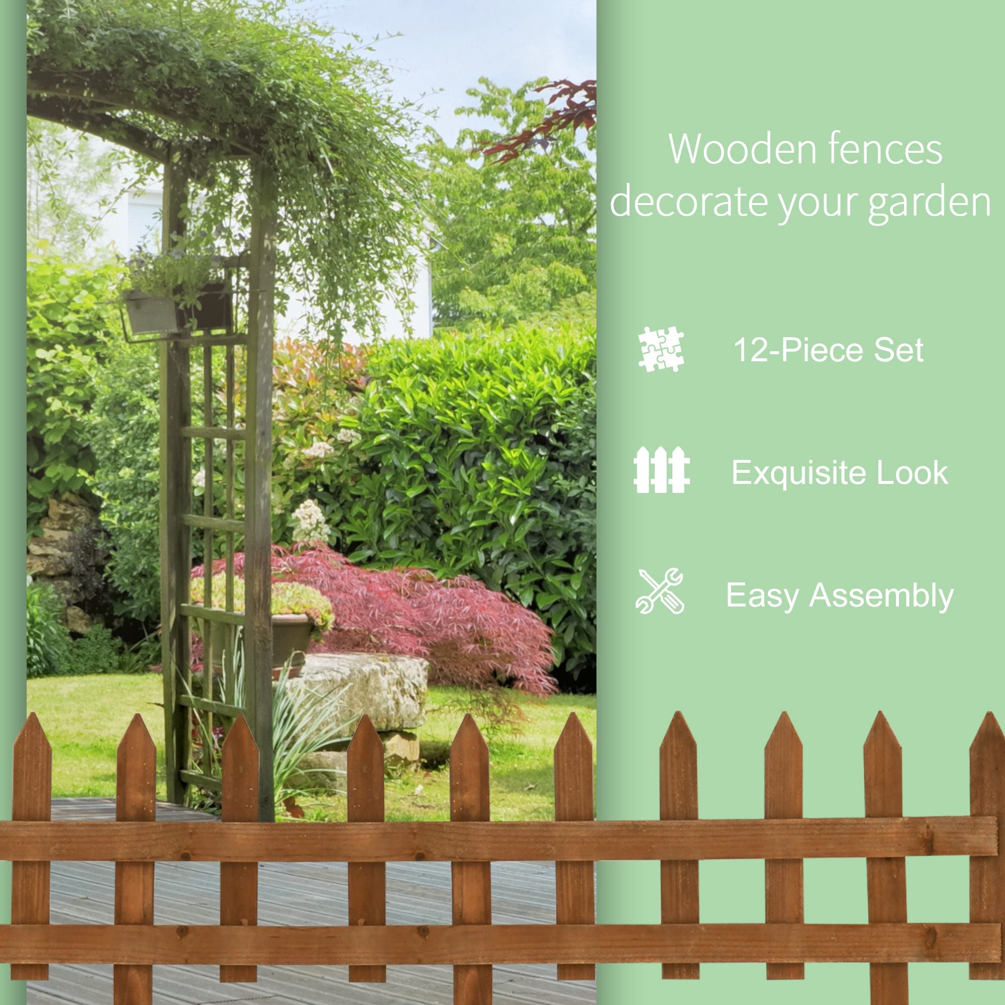 Outsunny Pack of 12 Wooden Border Fences, Garden Fixed Picket Fence for Lawn Edging, Flowerbed, 60L x 1D x 34H cm, Brown - North Peak Garden Furniture
